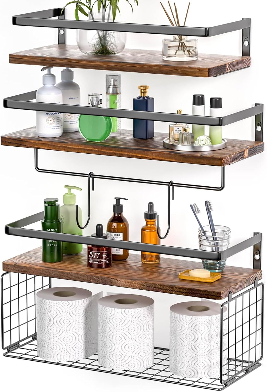 34 Floating Wall Shelves Over Toilet With Towel Bar Rack and Hooks