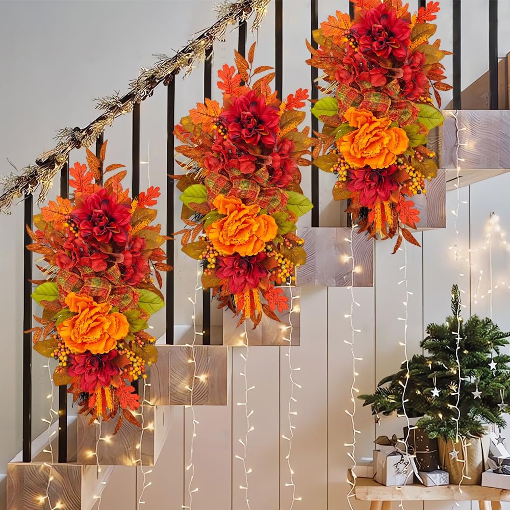 Fall Wreath for Front Door with Peonies and Maple Leaves