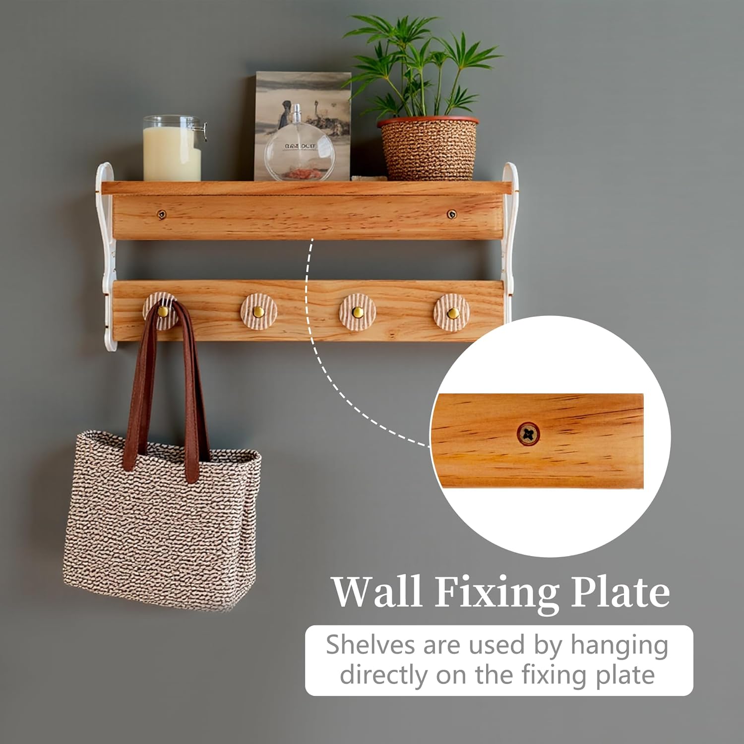 Floating Wall Shelves with Hooks 16 Inch Solid Wood