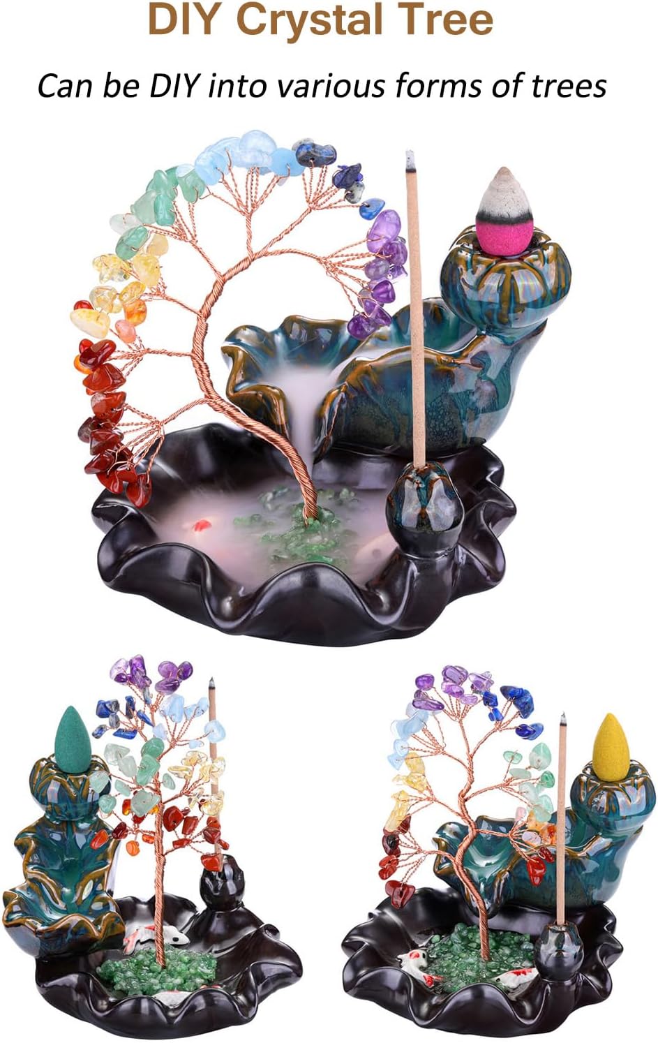 Jovivi Backflow Incense Burner with 7 Chakra Stones