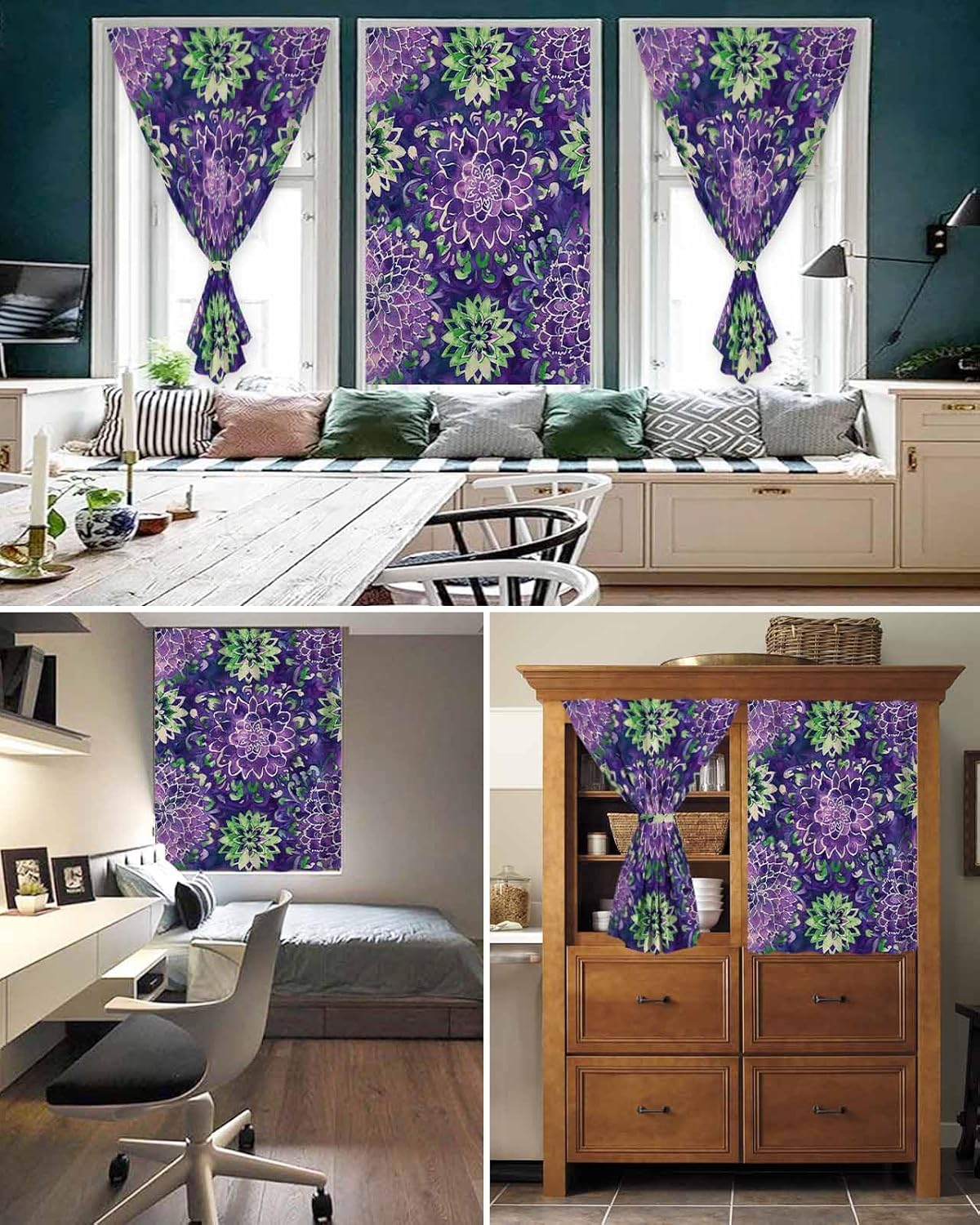 Purple Floral Self Adhesive Portable Curtains for Windows
