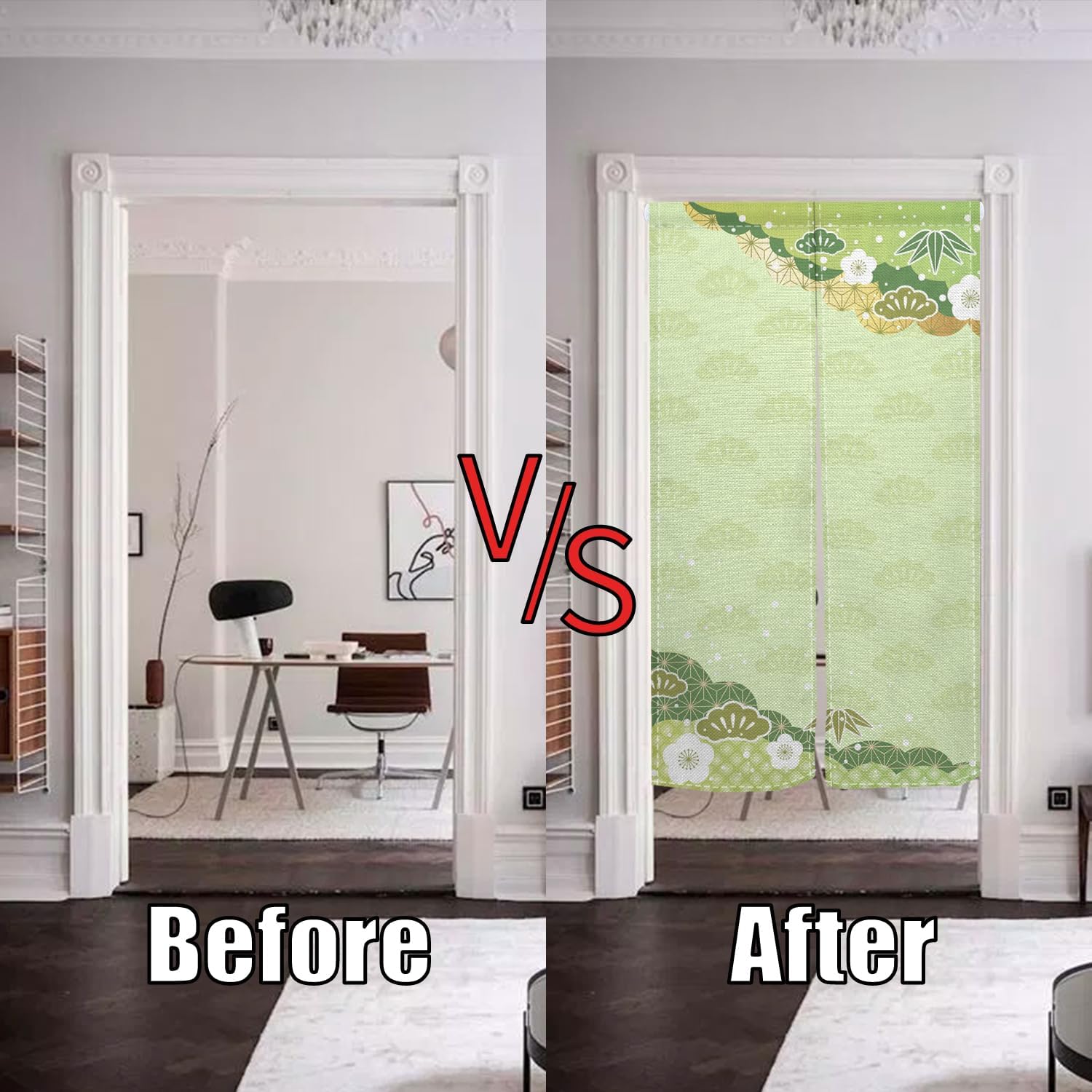 Japanese Door Curtain with Bloomy Flowers Design 34x48 Green