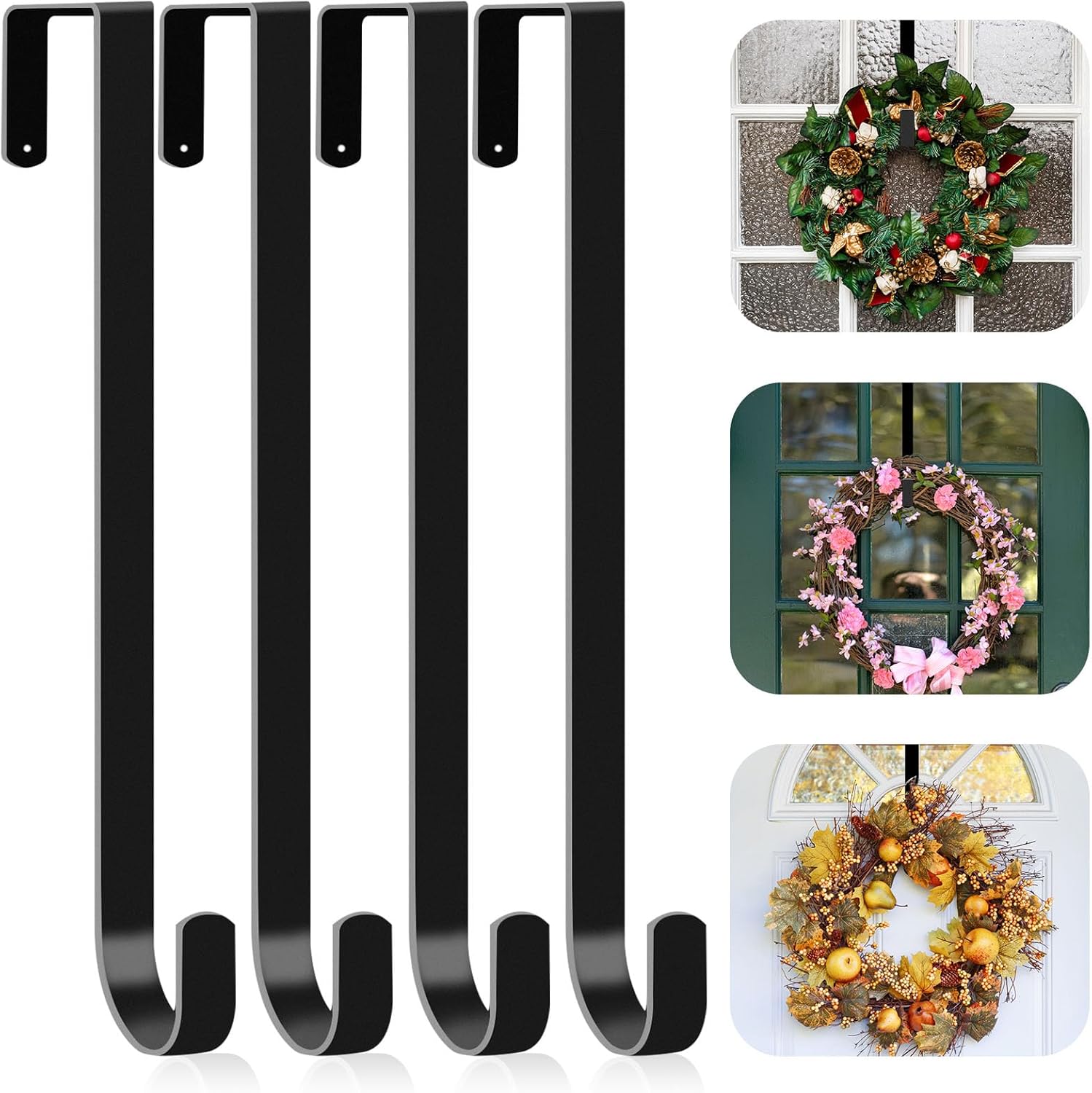 4 Pack 15 Inch Wreath Hanger for Front Door - Black