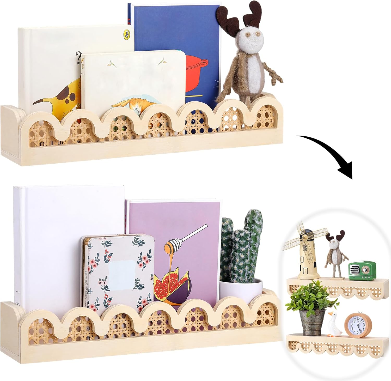 Pinkunn 2 Pcs Scalloped Rattan Wall Shelf for Nursery