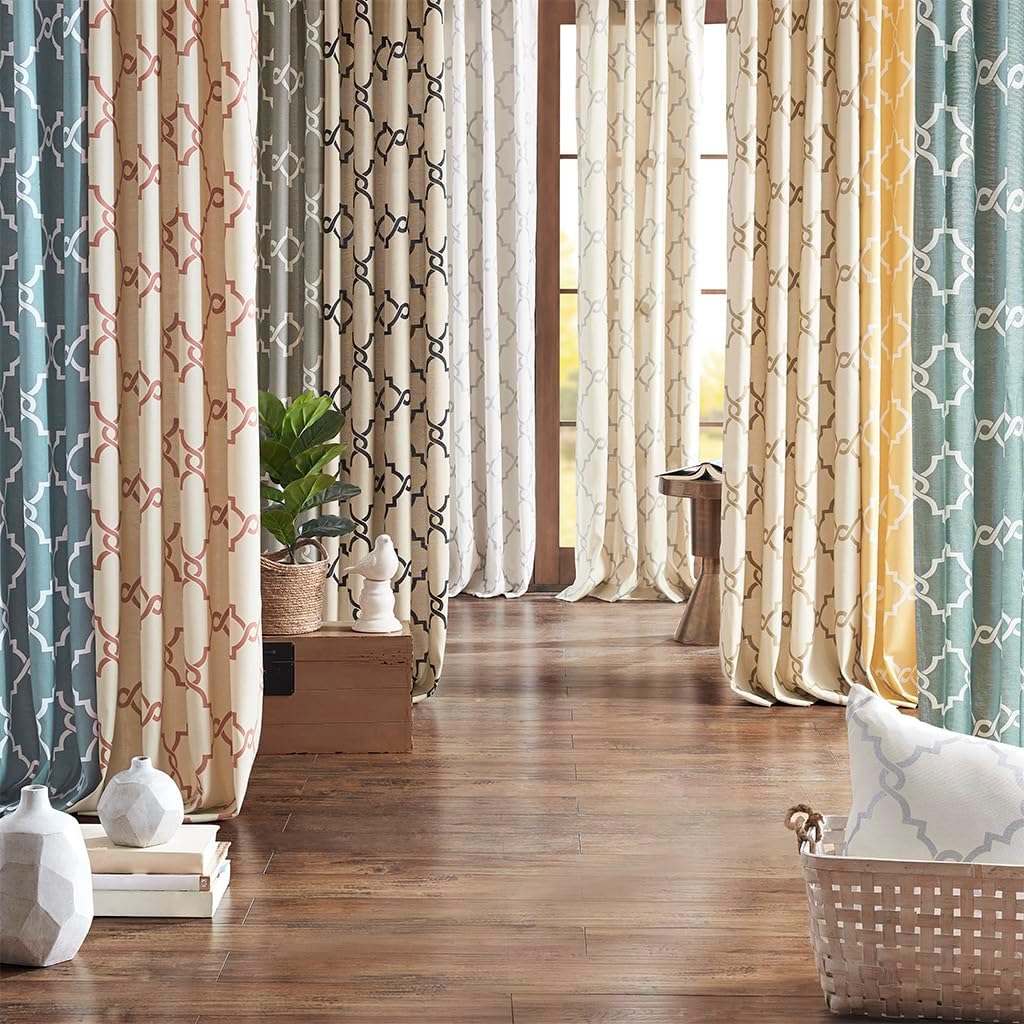 Fretwork Print Grommet Top Curtain Panel Ivory and Grey 50x108 Inches