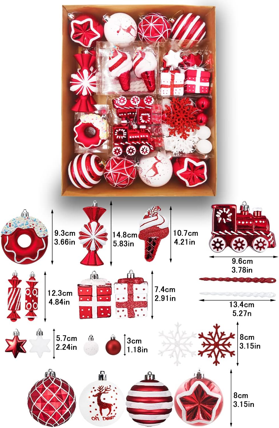 Christmas Tree Ball Ornaments Set 70 ct Red White Candy Train Theme