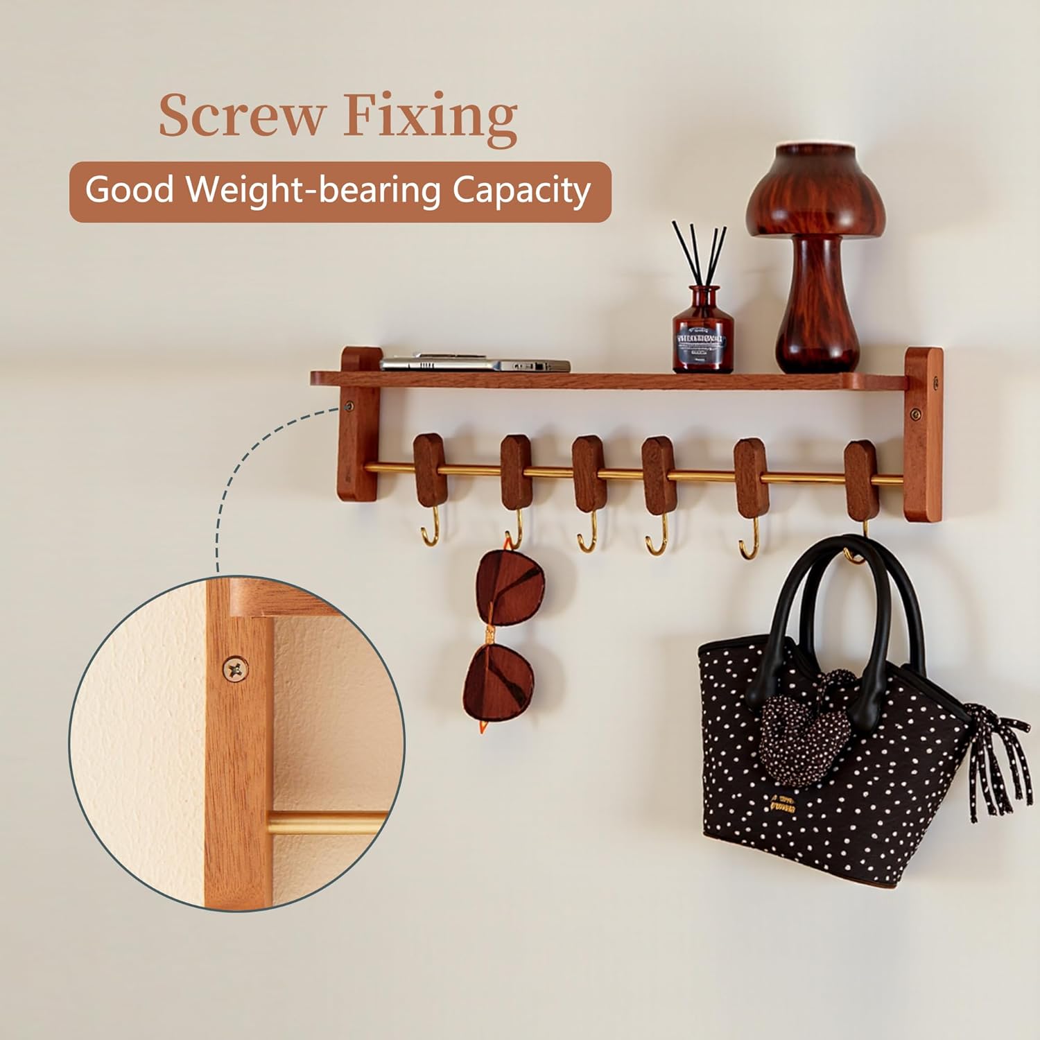 Floating Wall Shelf with 6 Hooks for Home Storage
