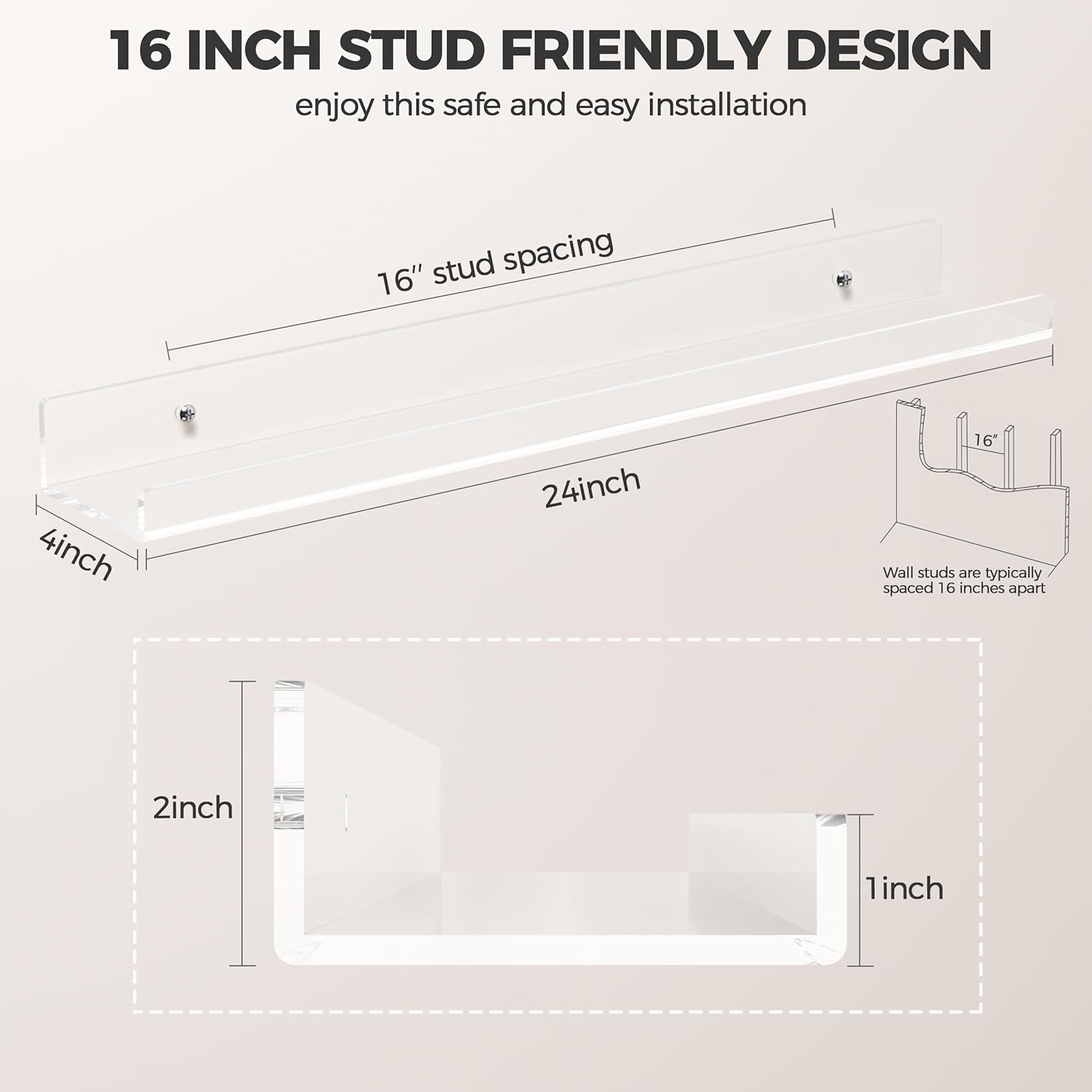 HBlife 24 Inch Floating Acrylic Shelves 2 Pack