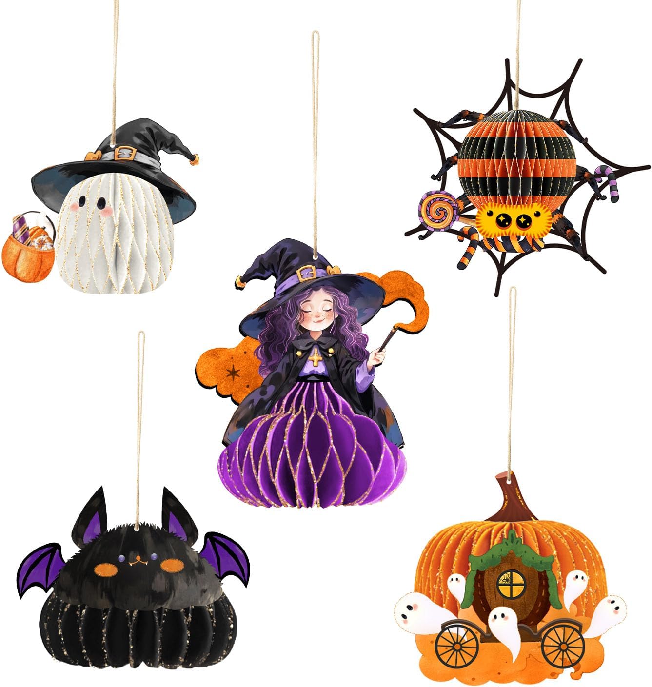 AOBKIAT Halloween Hanging Decorations 5PCS Gold Glitter Ornaments