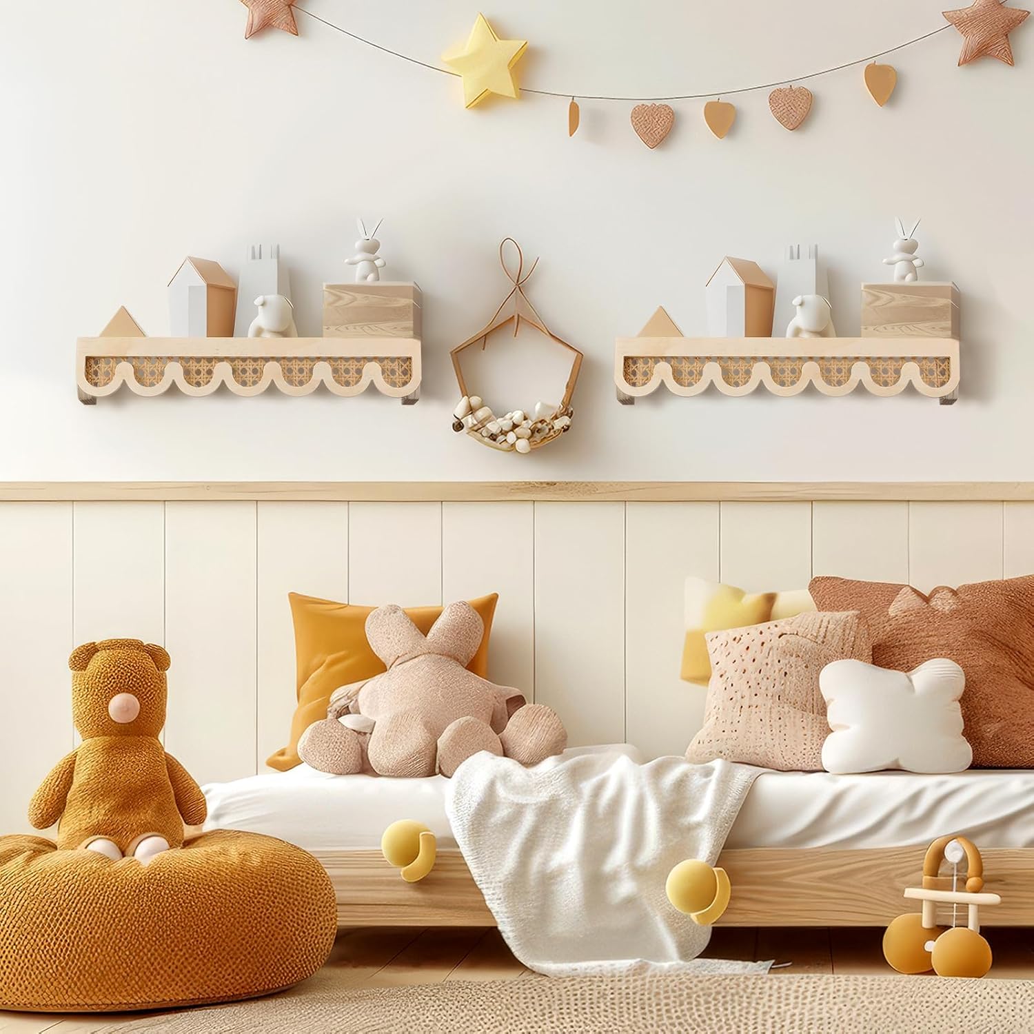 Pinkunn 2 Pcs Scalloped Rattan Wall Shelf for Nursery