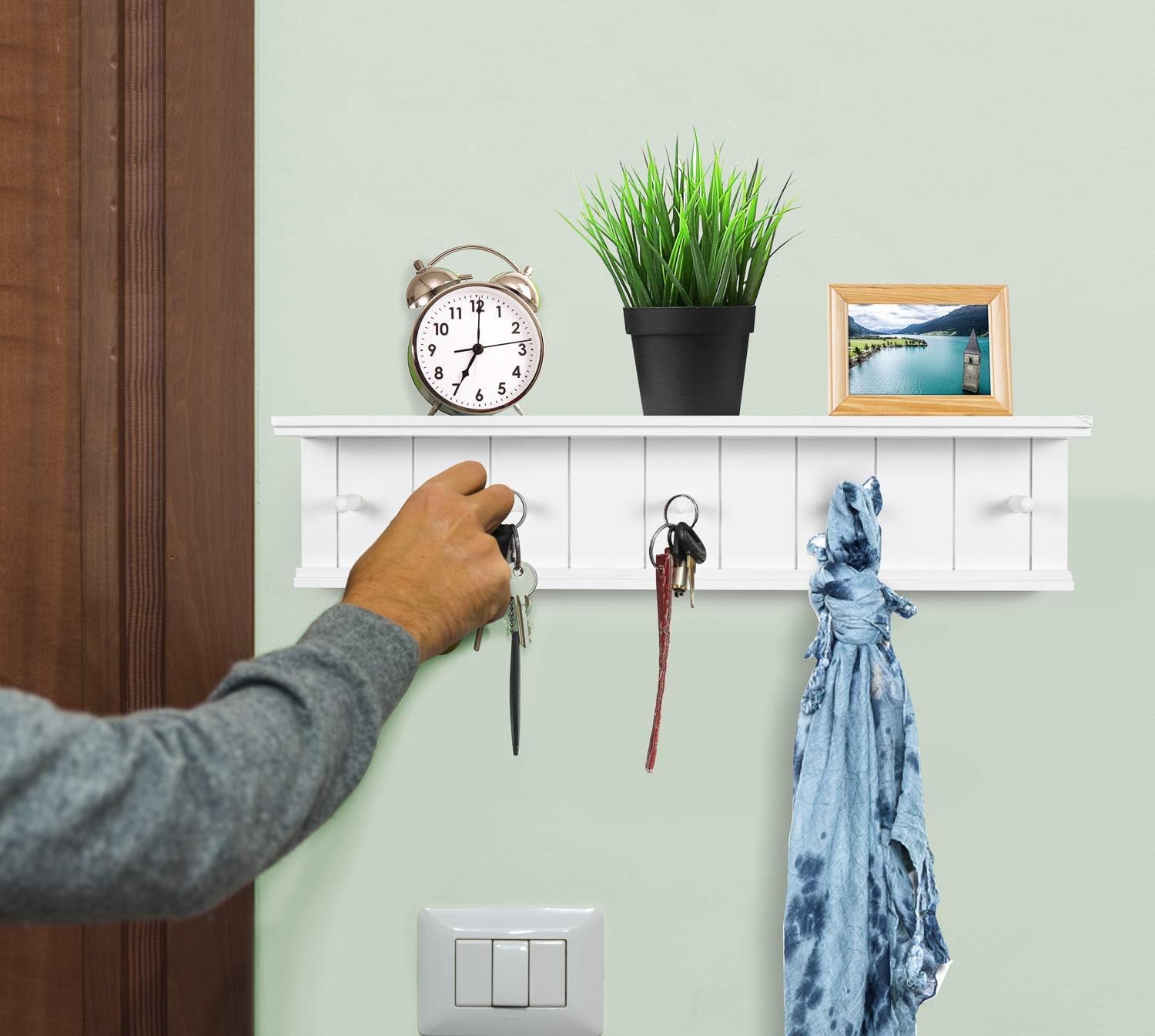 Greenco Entryway Floating Shelf with Hooks - 24 White