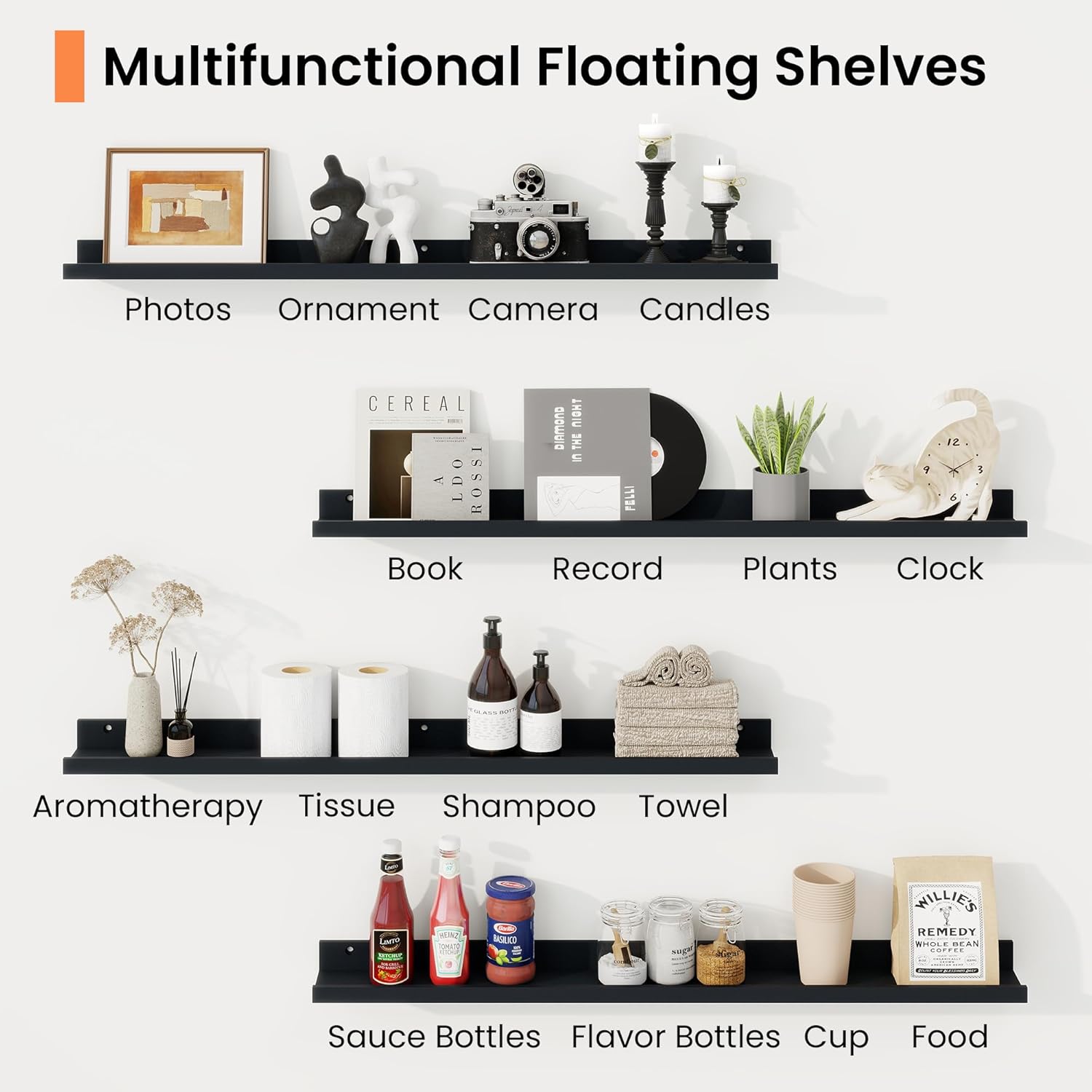 Richfocus Picture Ledge Shelf Set of 2 Black 55 Inch Floating Shelves