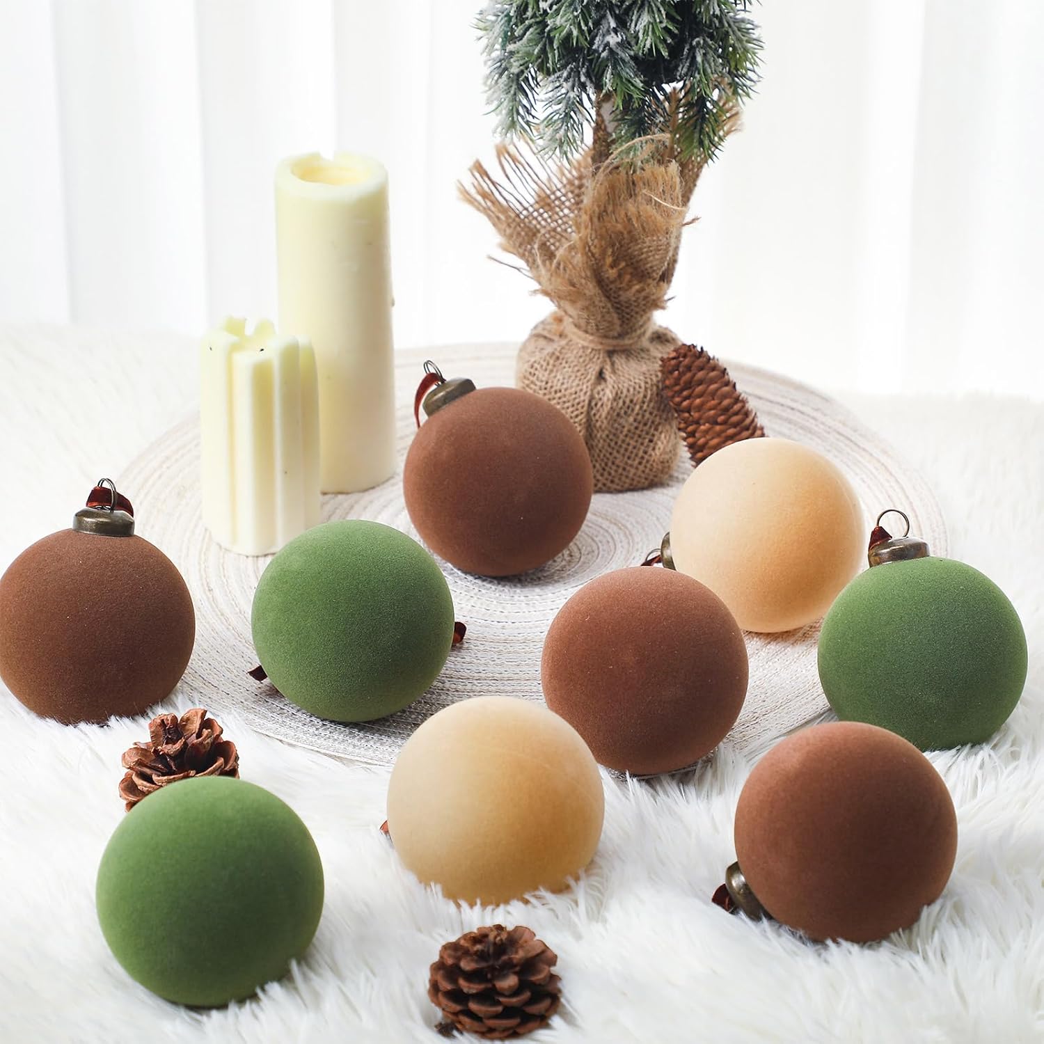 30Pcs Velvet Christmas Balls in Green Brown and Beige