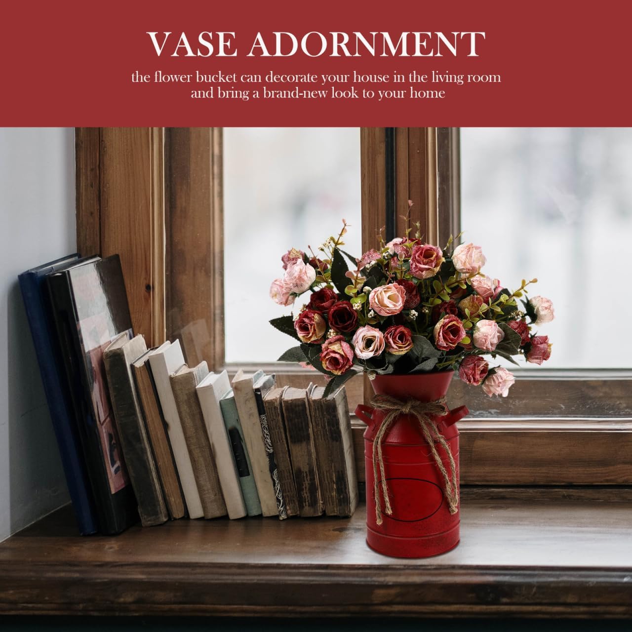 VOSAREA Red Galvanized Flower Bucket for Decor