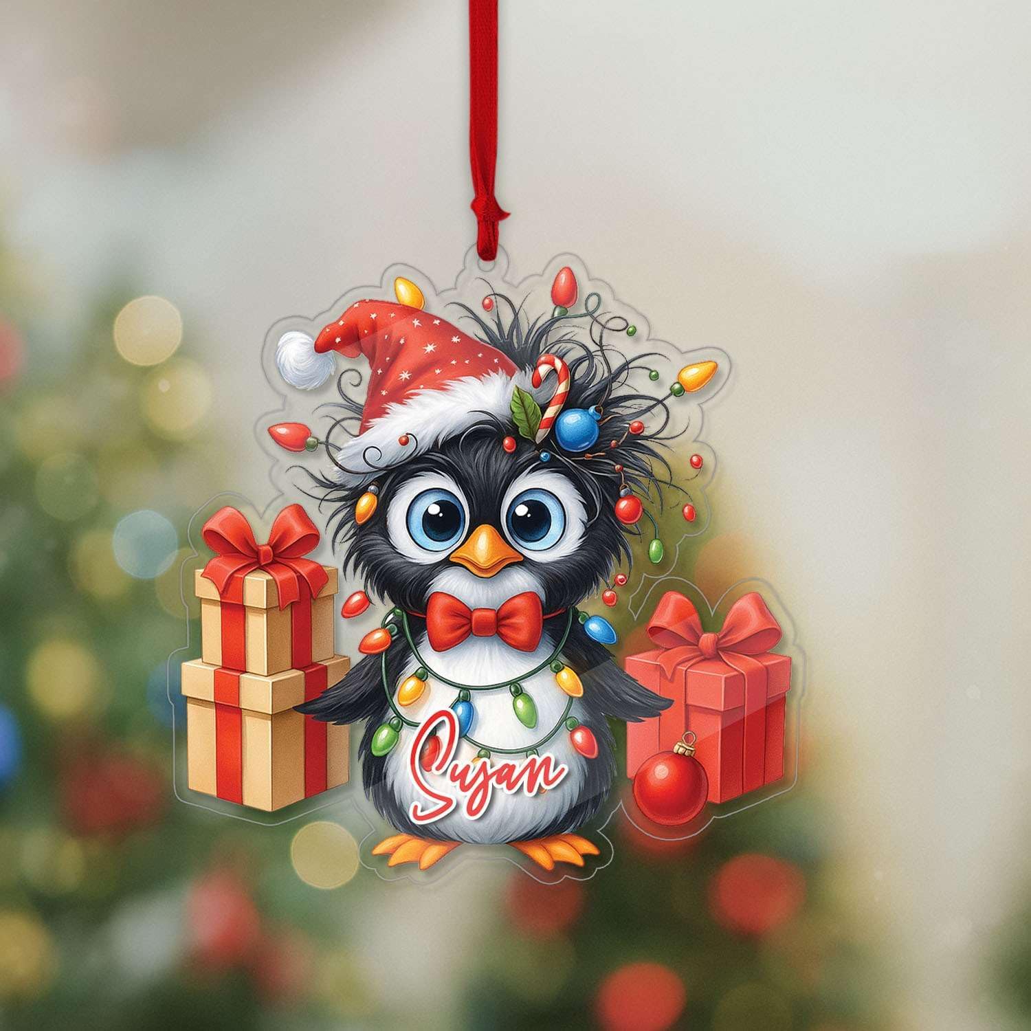 Personalized Penguin Christmas Ornament with Gift Boxes