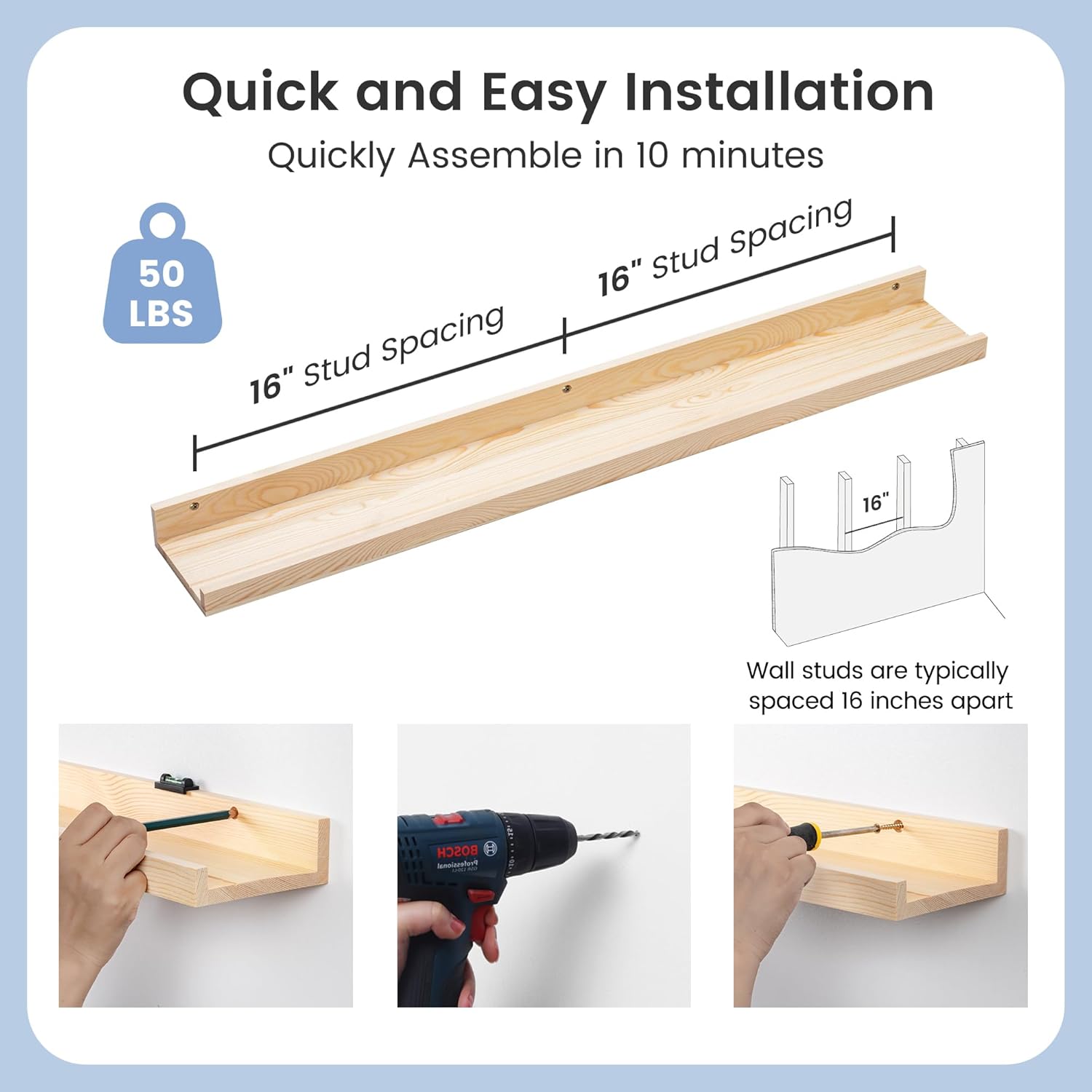 Picture Ledge Shelf for Wall 36 Inch Solid Pine Wood 2 Pack