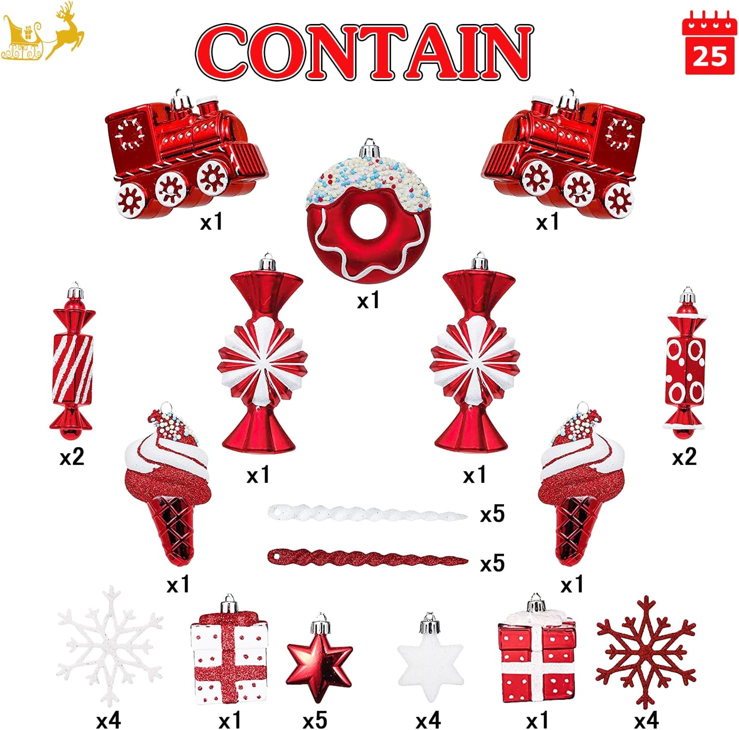 Christmas Tree Ball Ornaments Set 70 ct Red White Candy Train Theme