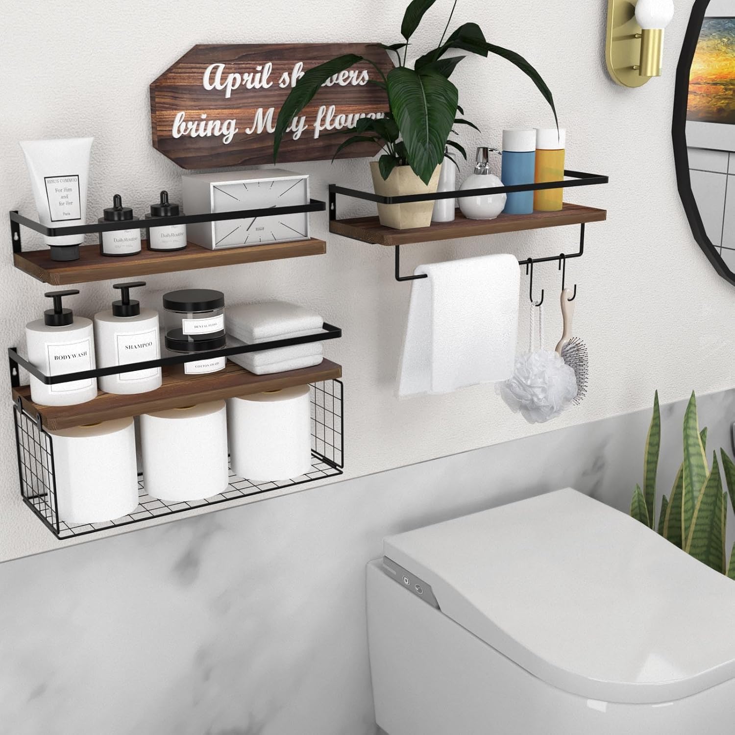 34 Floating Wall Shelves Over Toilet With Towel Bar Rack and Hooks