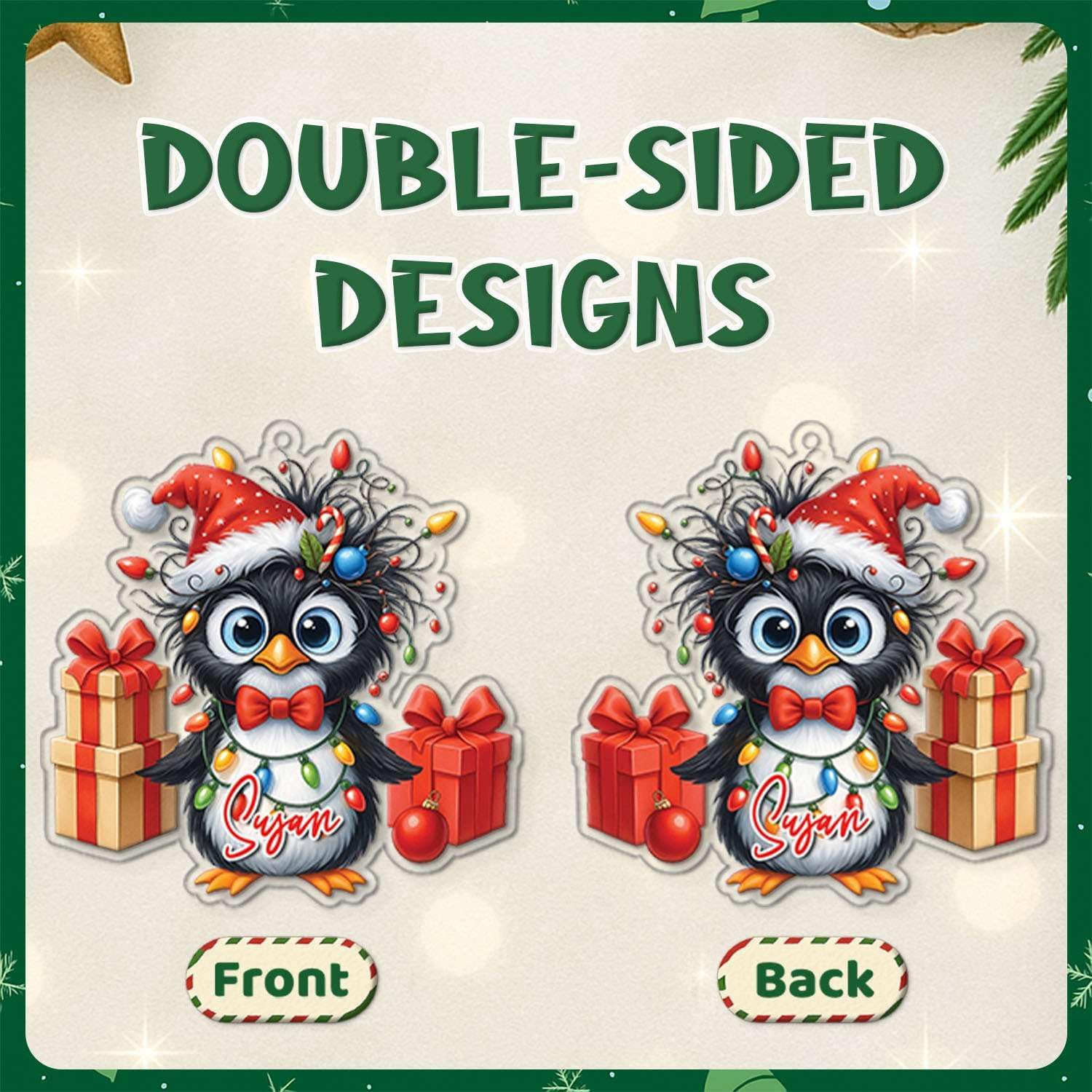 Personalized Penguin Christmas Ornament with Gift Boxes
