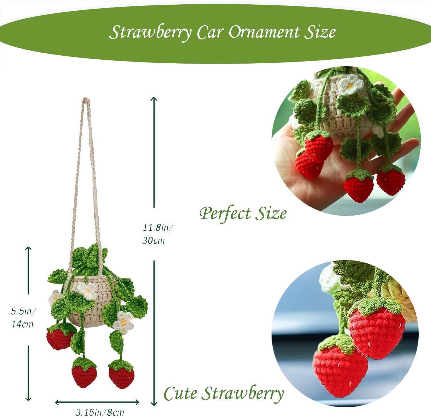 Crochet Hanging Plant Car Ornament Deep Green Leaves Strawberry