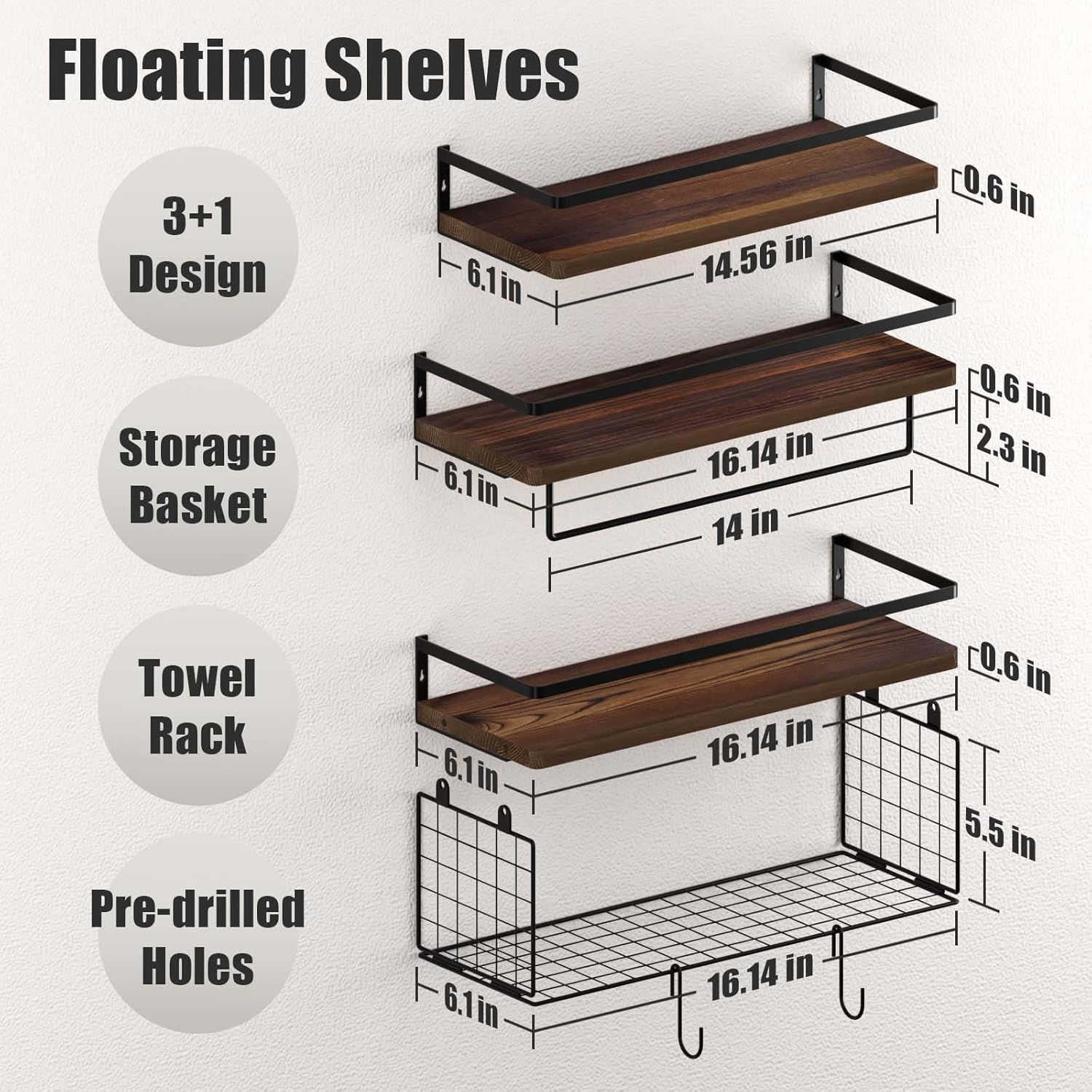 34 Floating Wall Shelves Over Toilet With Towel Bar Rack and Hooks