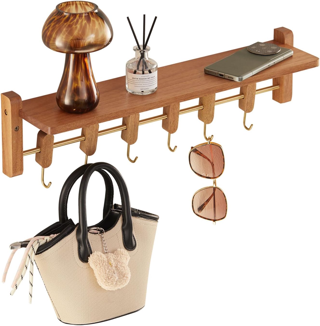 Floating Wall Shelf with 6 Hooks for Home Storage