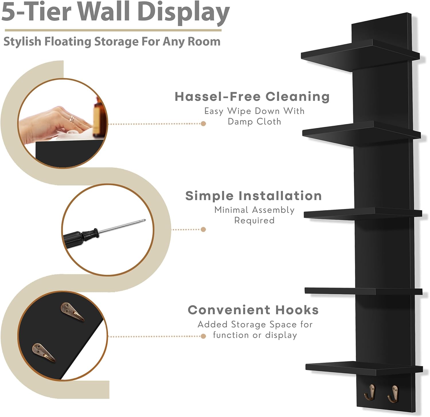 Sorbus 5 Tier Wall Shelf with Hooks 2 Pack
