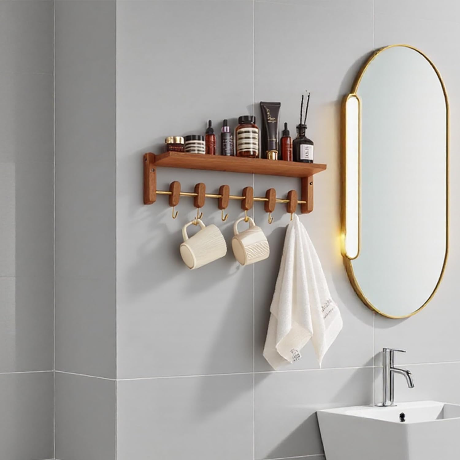 Floating Wall Shelf with 6 Hooks for Home Storage