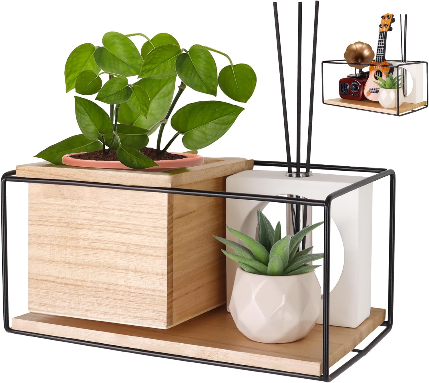 Cozivo Wall Floating Shelves with 2 Wooden Boxes