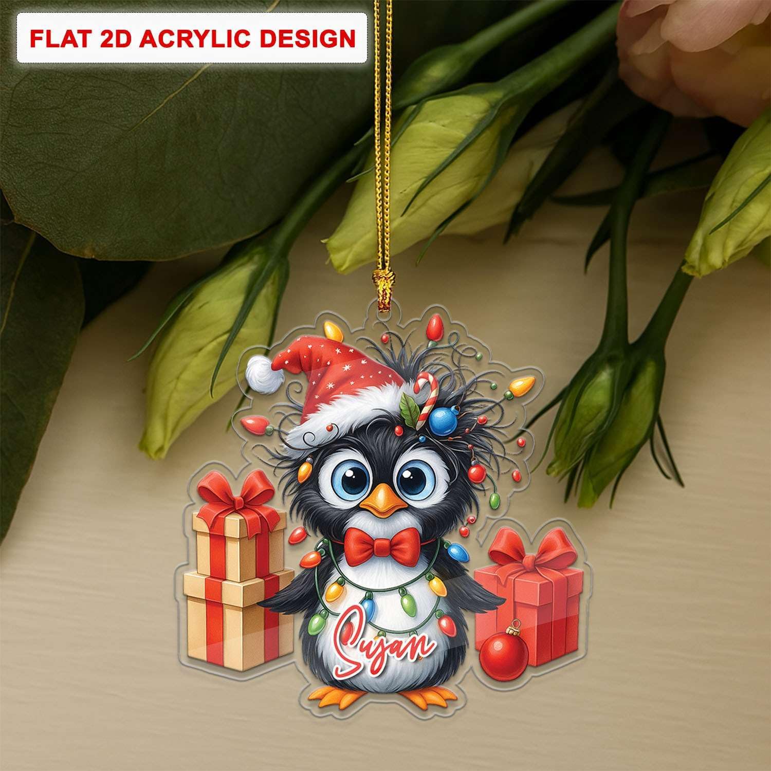 Personalized Penguin Christmas Ornament with Gift Boxes