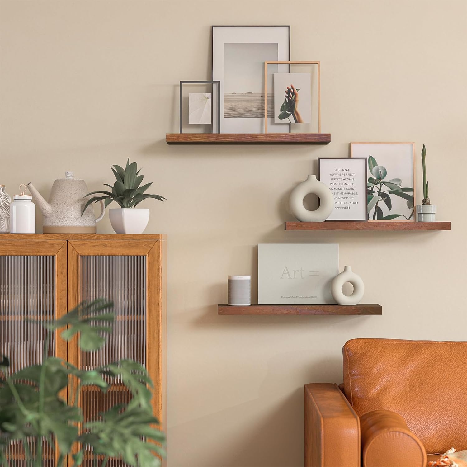 SODUKU Natural Wood Floating Shelves Set of 3 24 Inch Walnut
