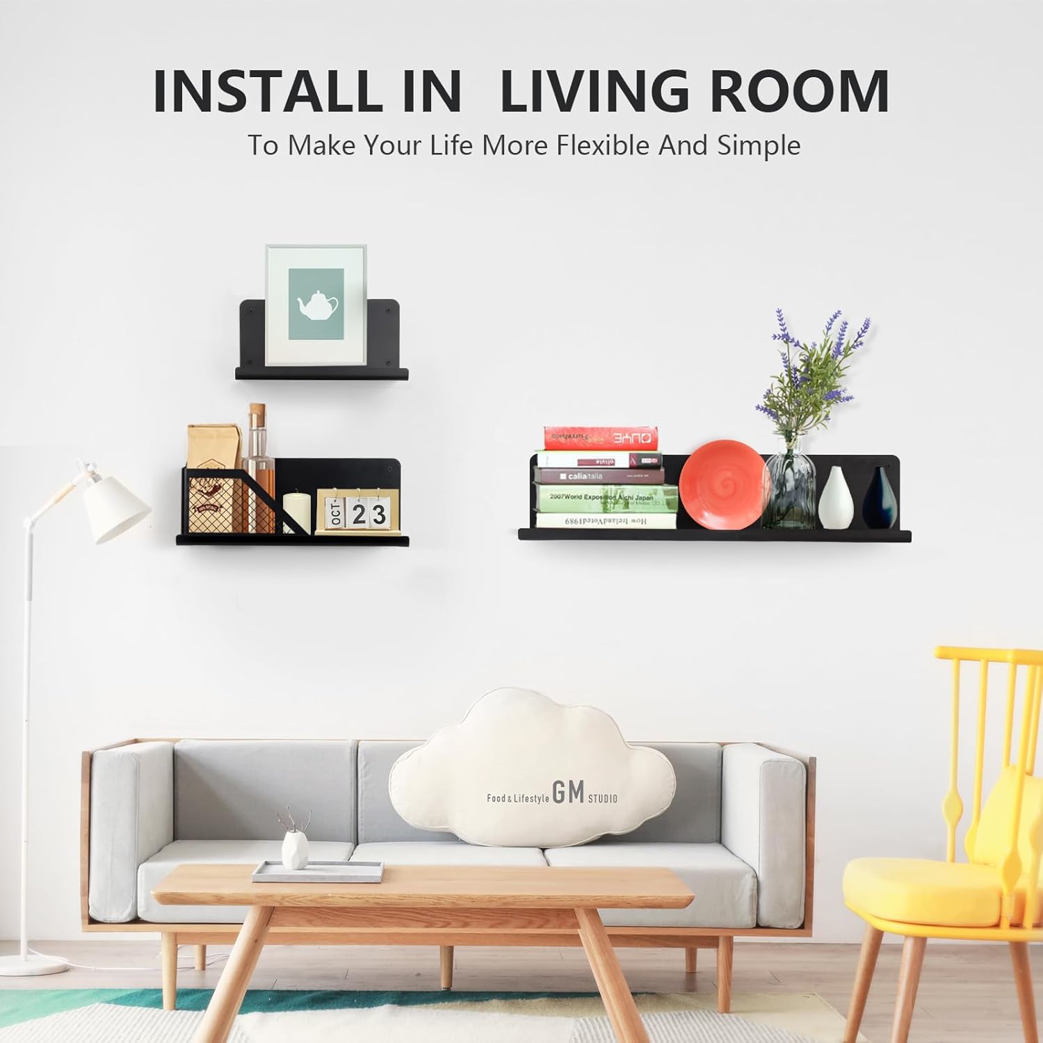 Floating Shelves Set of 2 with Black Rods and Hooks