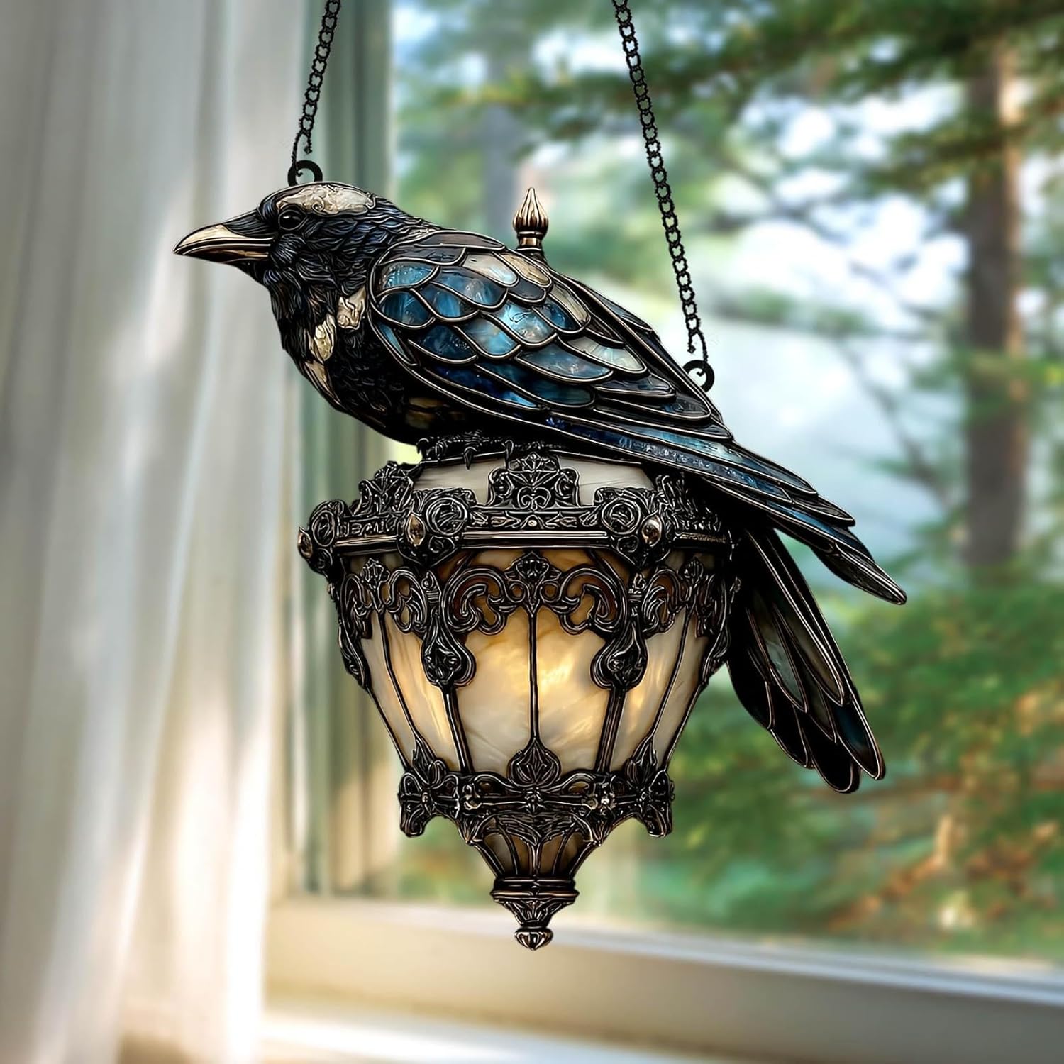 Gothic Raven on Lantern Sun Catcher Decor