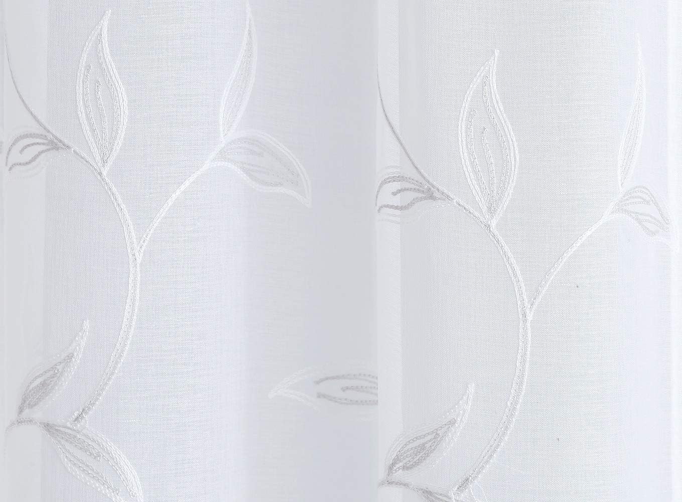Warm Home Designs Sheer White Faux-Linen Curtain Panel with Silver Leaf Embroidery