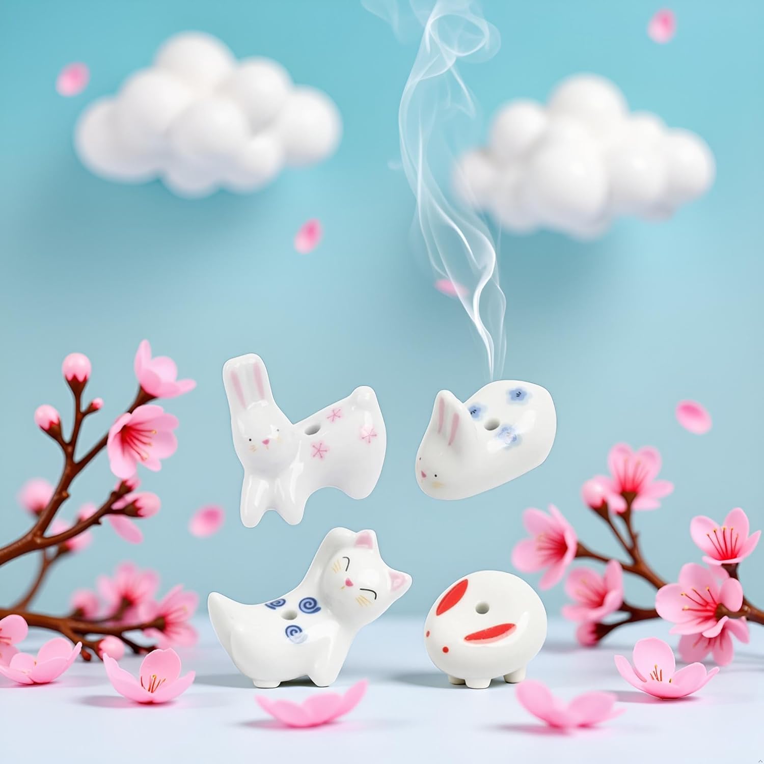 4Pcs Rabbit Cat Incense Holder Cute White Animal Home Decor