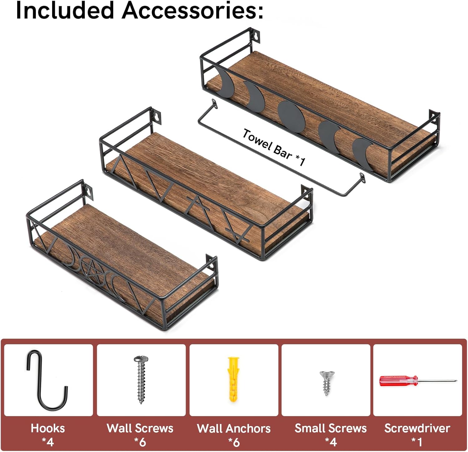 Pracaniz Moon Phase Wall Shelf with 4 Hooks