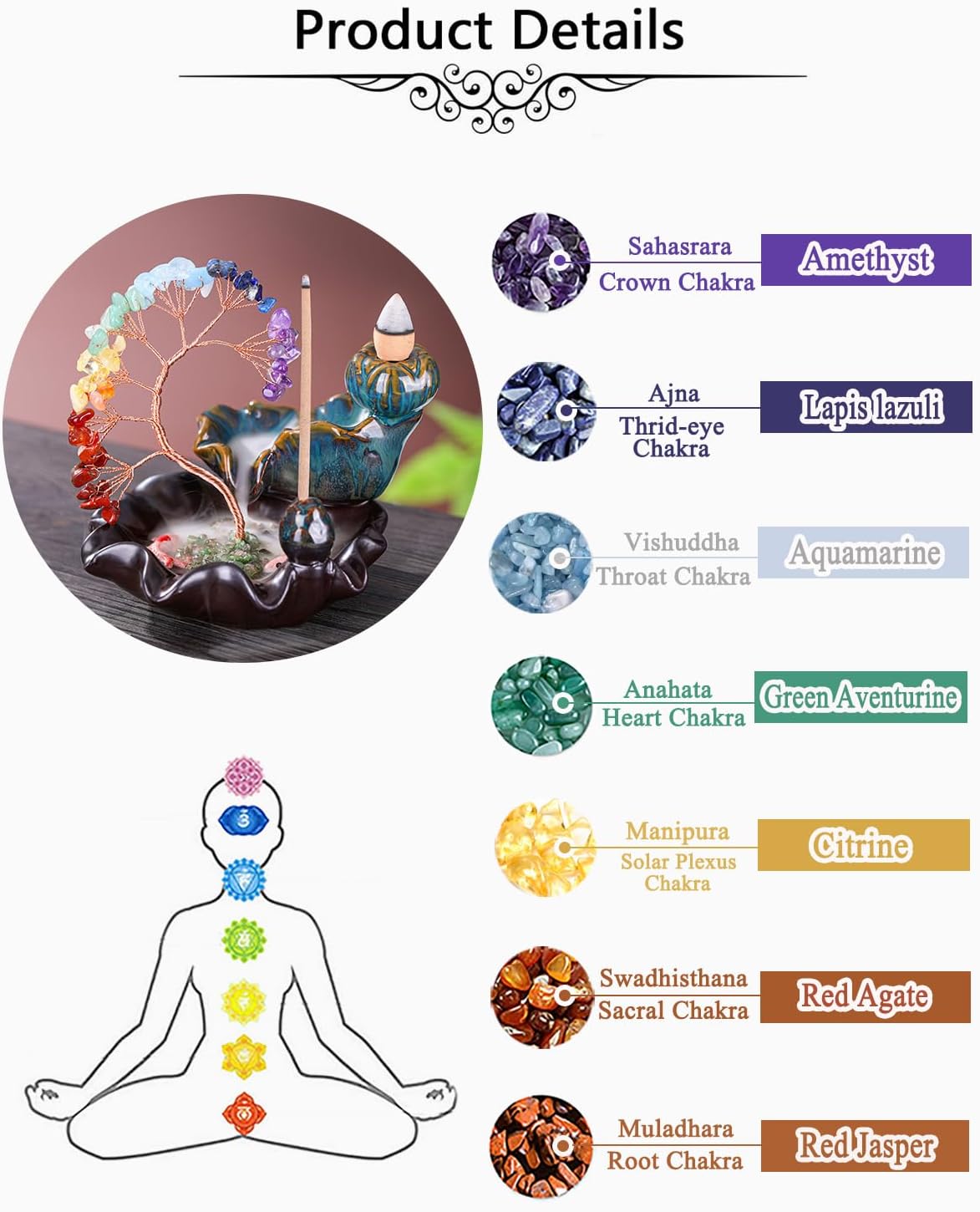 Jovivi Backflow Incense Burner with 7 Chakra Stones