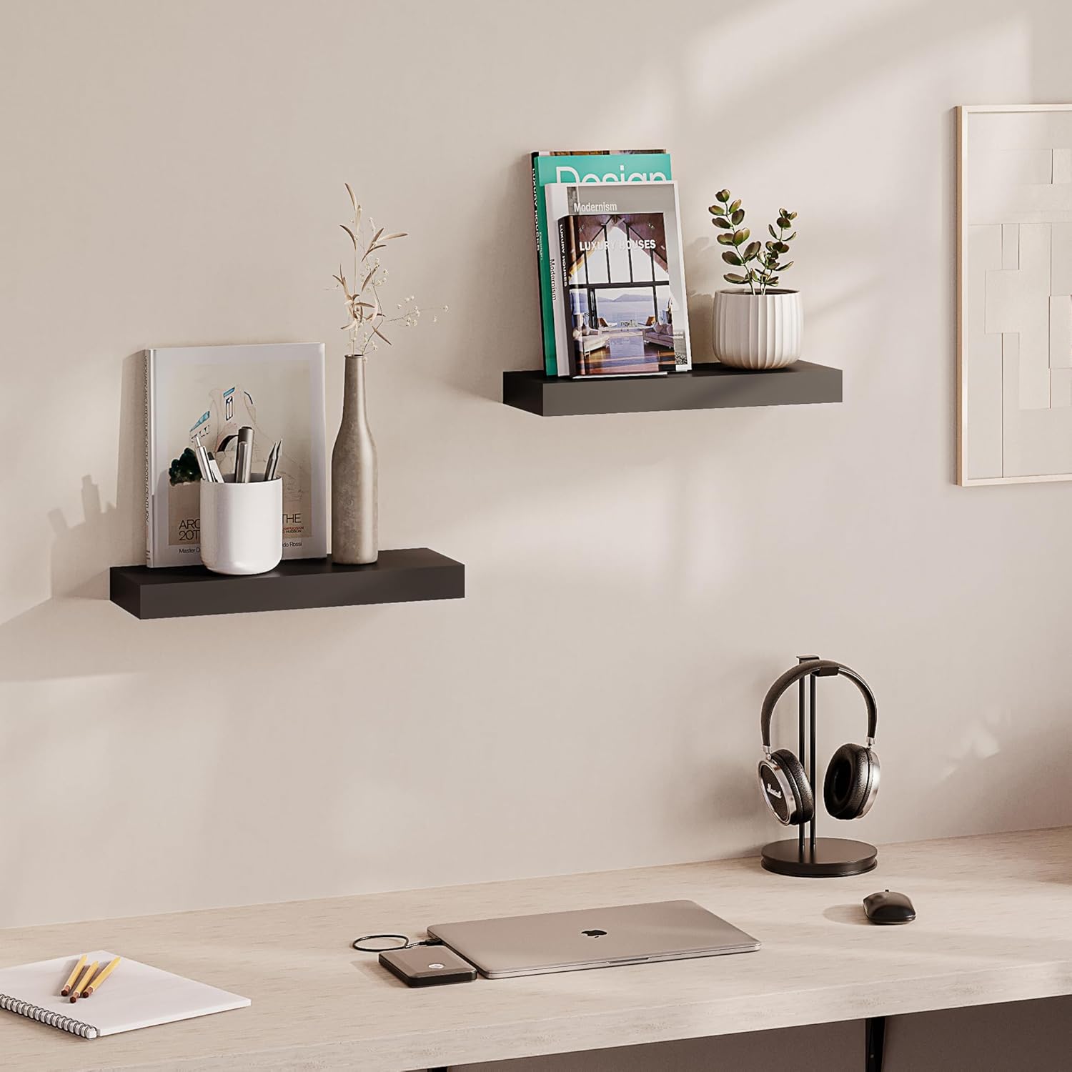 Ballucci Floating Shelves 2-Pack Black 16 Inch Wall Mount Set