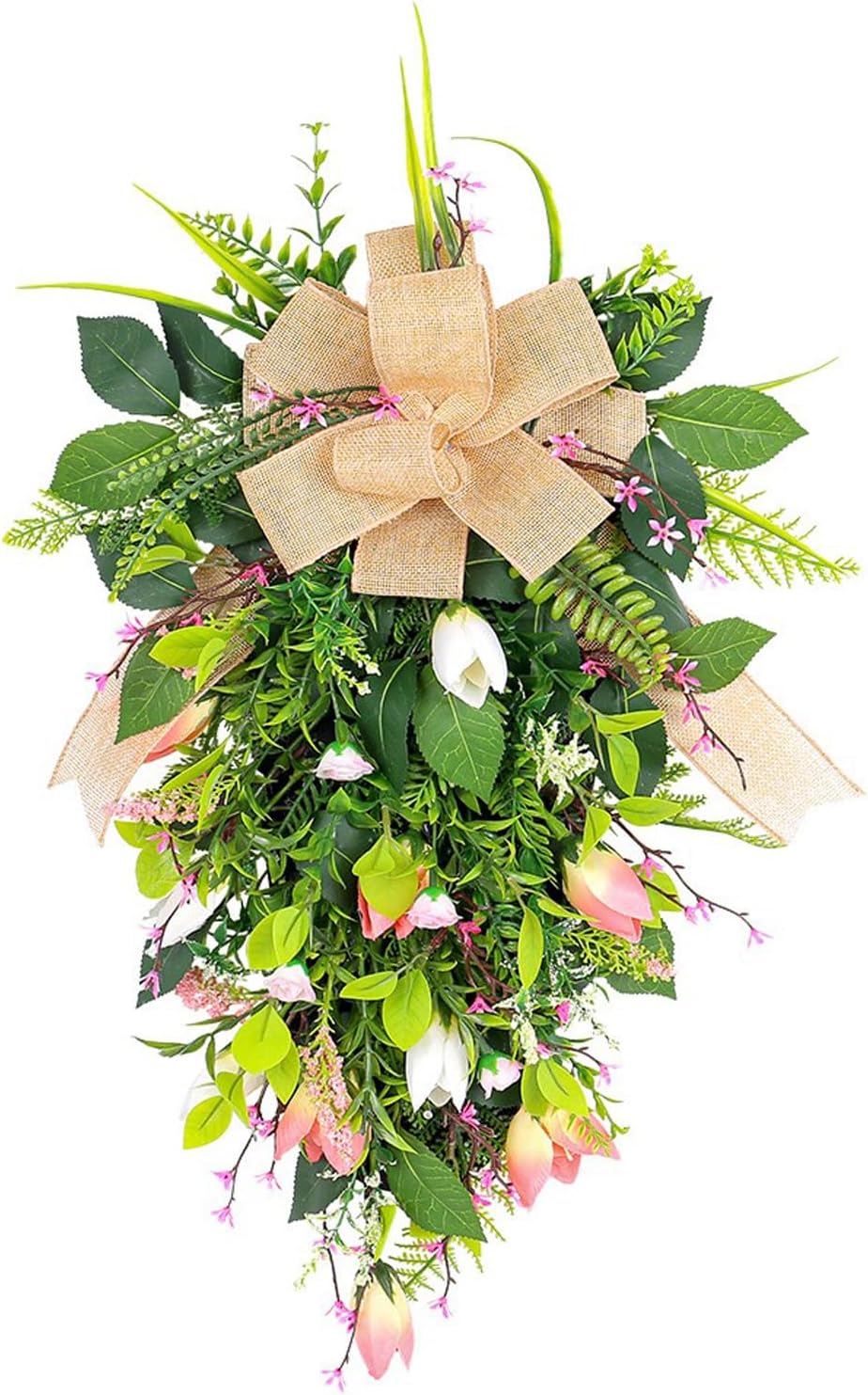 Spring Summer Teardrop Swag Artificial Tulips Door Wreath White Pink