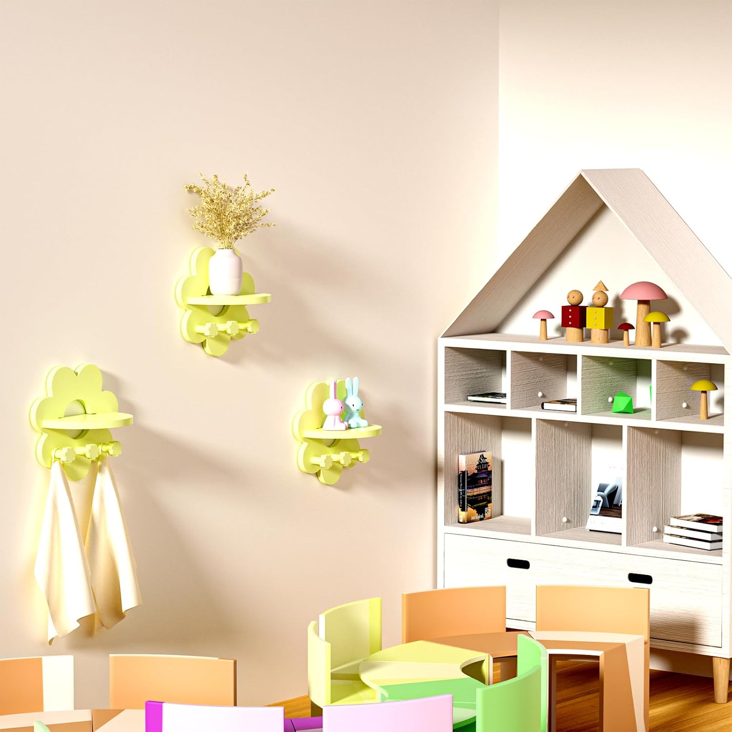 Wooden Floating Shelf with Hooks for Wall Decor