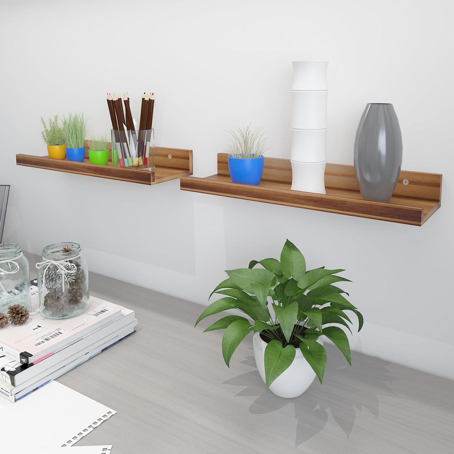 Wall Floating Shelves Set of 2 Modern Acacia Storage Display
