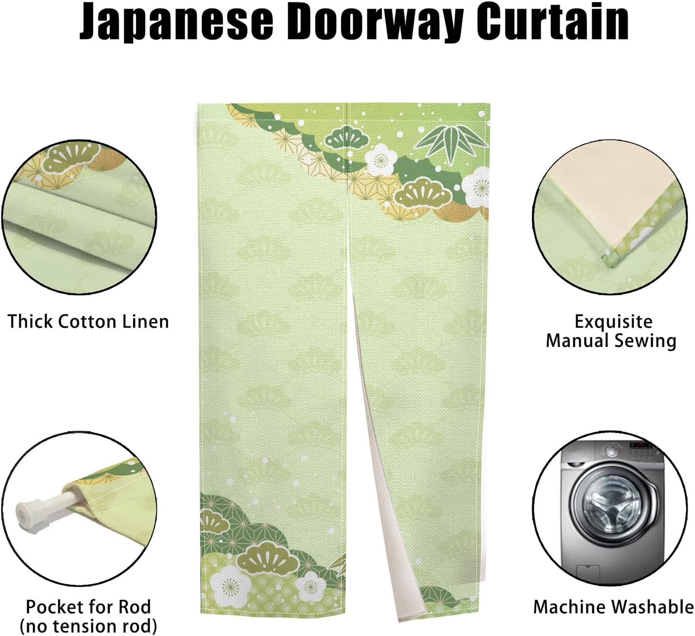 Japanese Door Curtain with Bloomy Flowers Design 34x48 Green