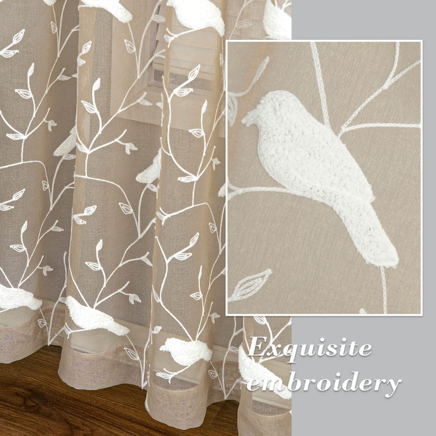 VOGOL White Bird Pattern Taupe Sheer Curtains 2 Panels