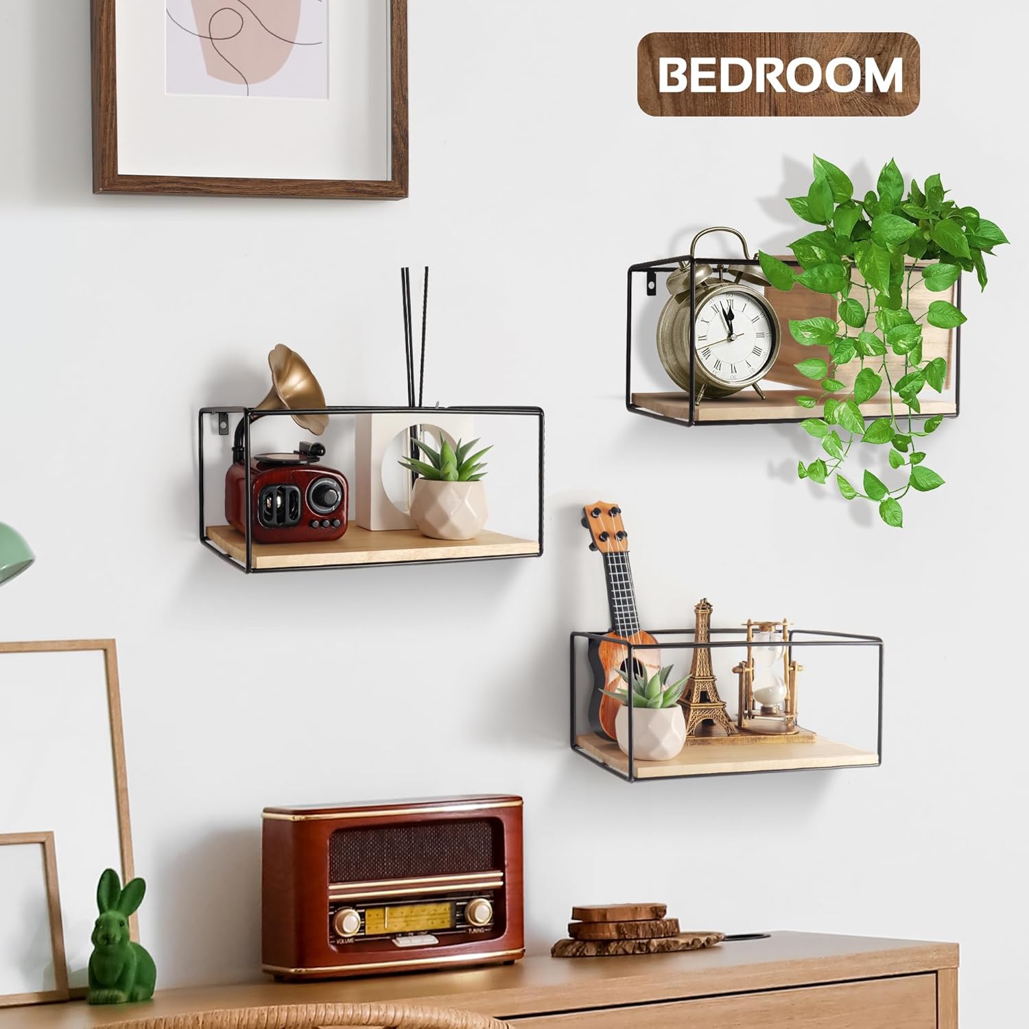 Cozivo Wall Floating Shelves with 2 Wooden Boxes