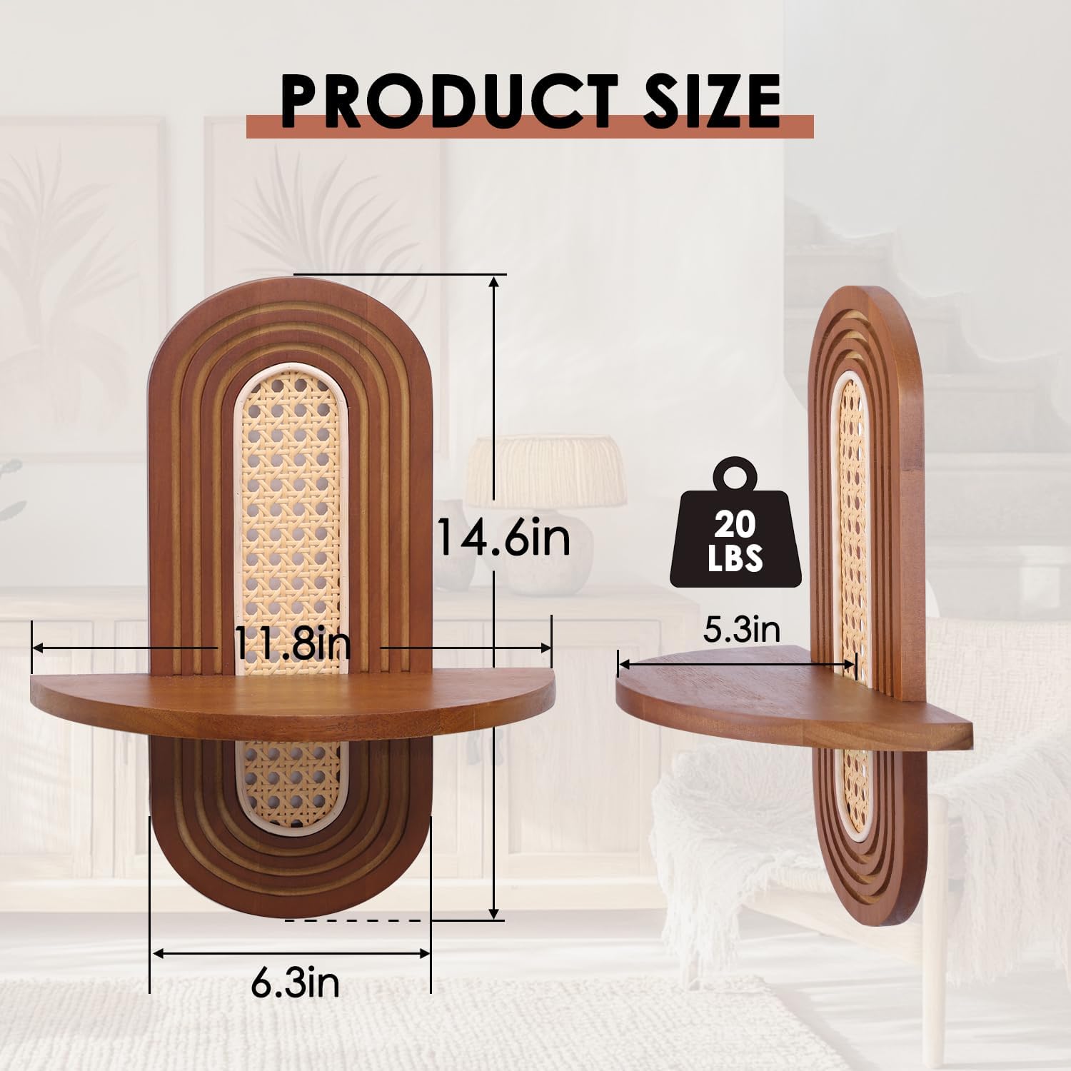 Boho Rattan Floating Shelves Set of 2 for Living Room and Bedroom