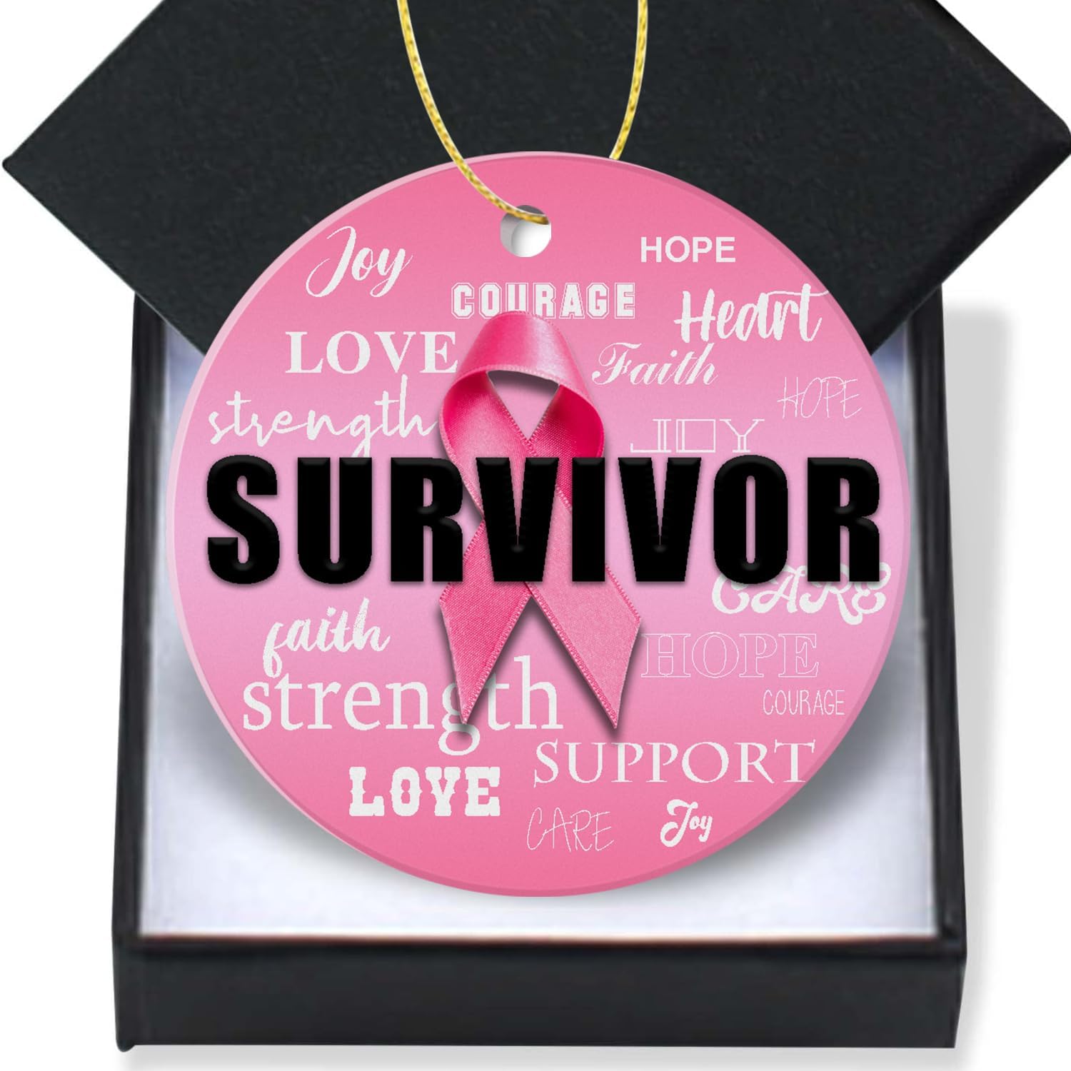 XIAGEANA Breast Cancer Awareness Pink Ribbon Hanging Ornament - 3 Inch Ceramic