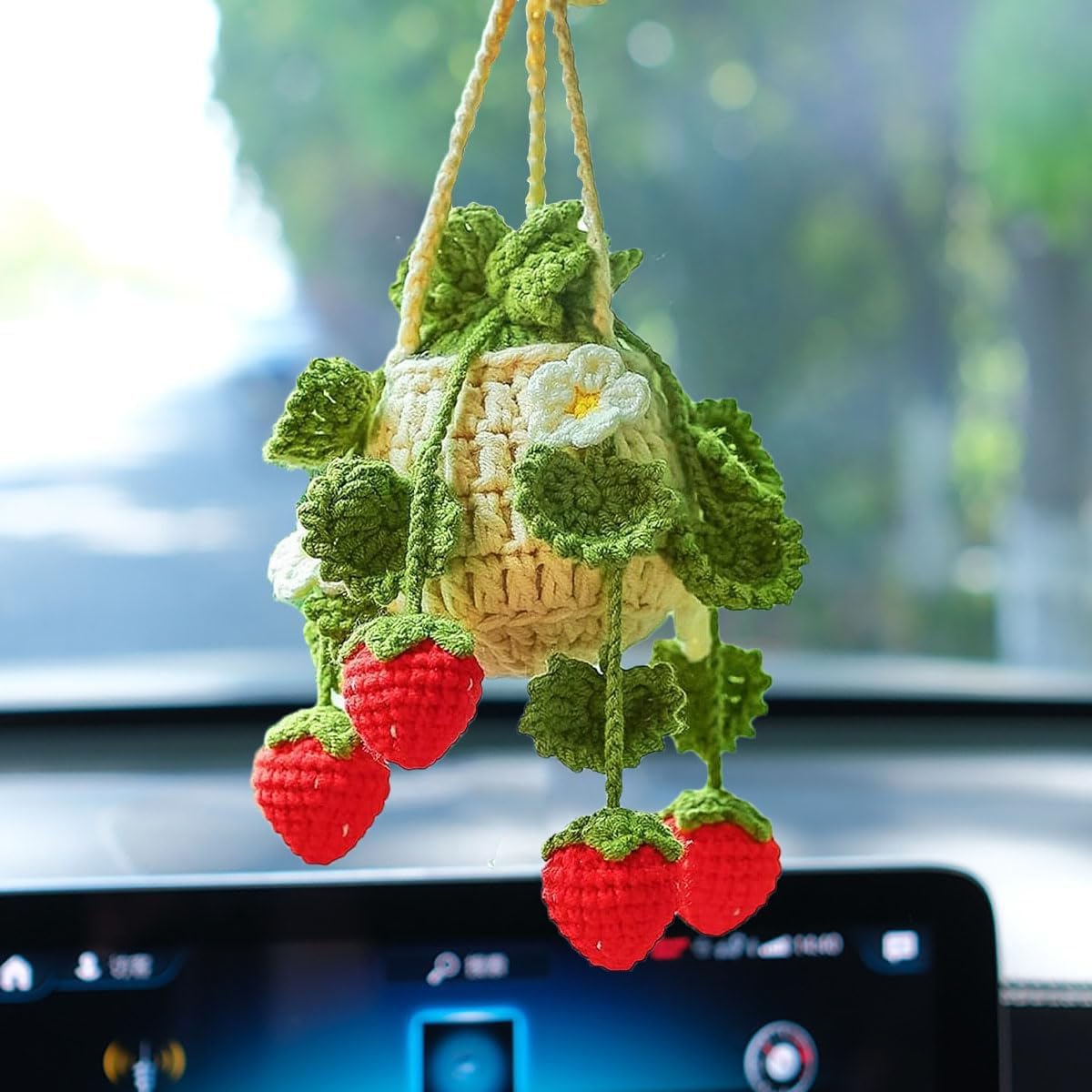 Crochet Hanging Plant Car Ornament Deep Green Leaves Strawberry