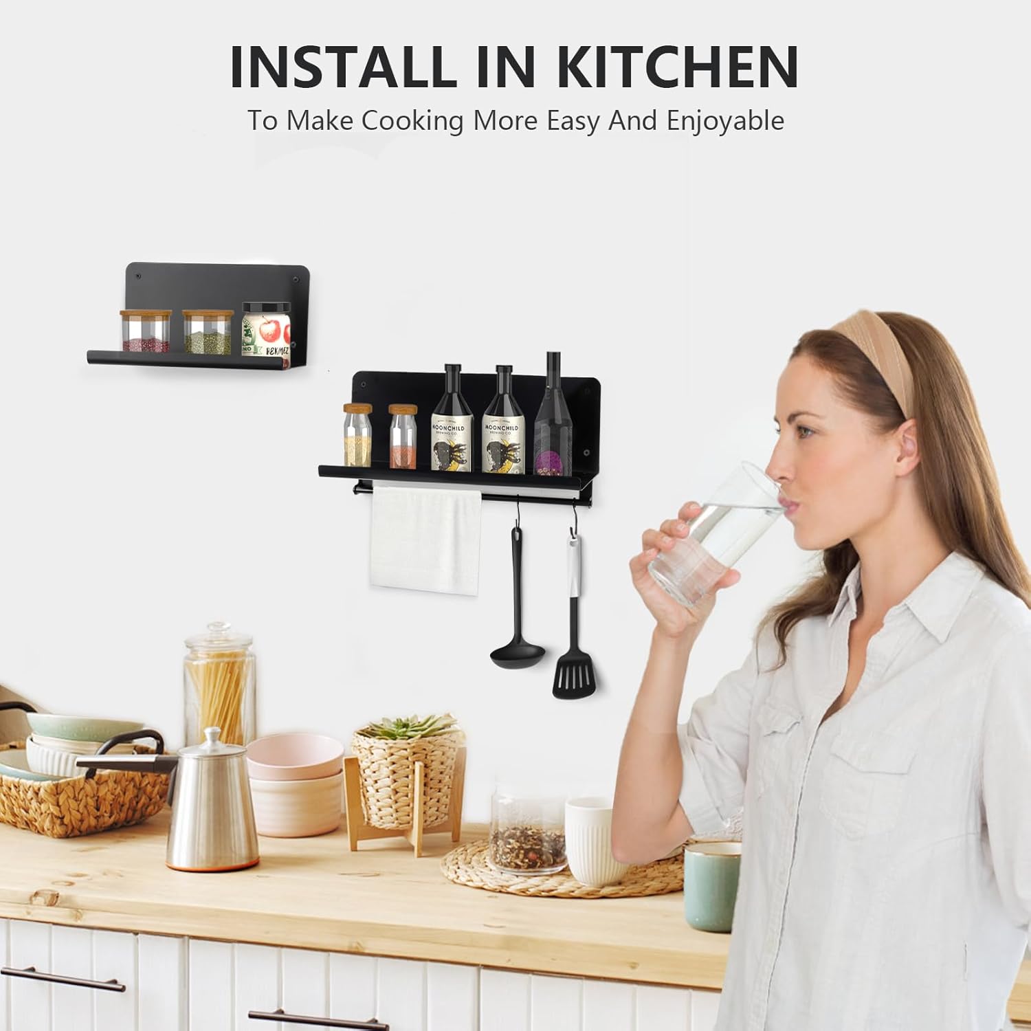 Floating Shelves Set of 2 with Black Rods and Hooks