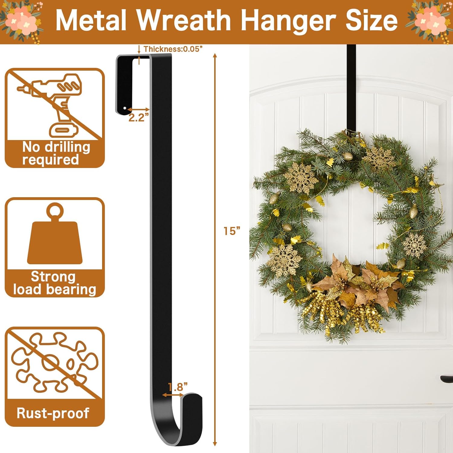 4 Pack 15 Inch Wreath Hanger for Front Door - Black