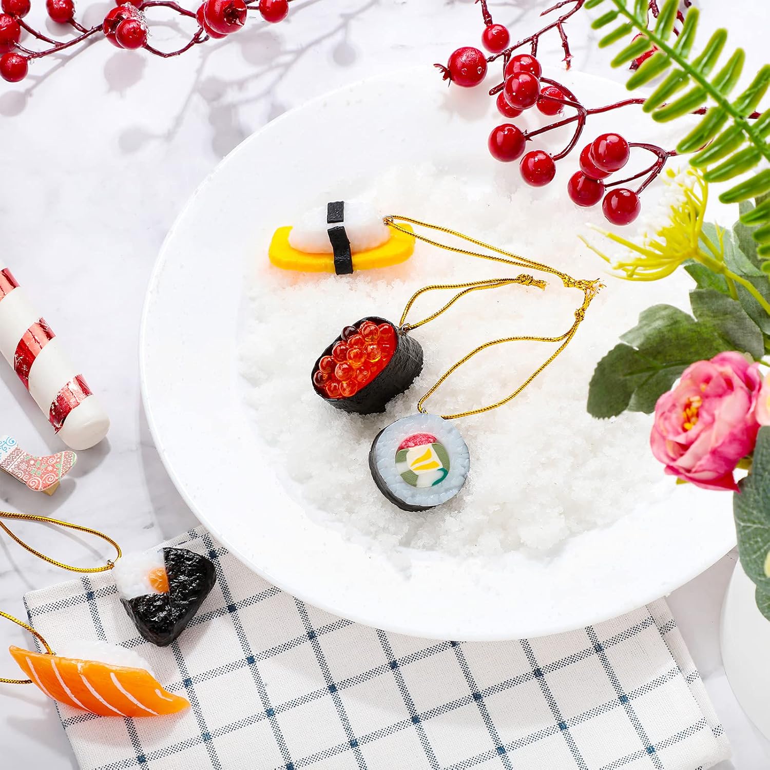 5 Piece Sushi Roll Christmas Ornament Set